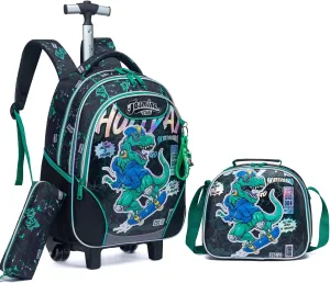 Egchescebo Kids Rolling Dinosaurs Backpack for Boys Trolley Suitcases Luggage Travel with Wheels Bookbag Wheeled 17" 3PCS Roller Backpacks Set Toddler Tote Bag Back Pack School Bags Elementary Green