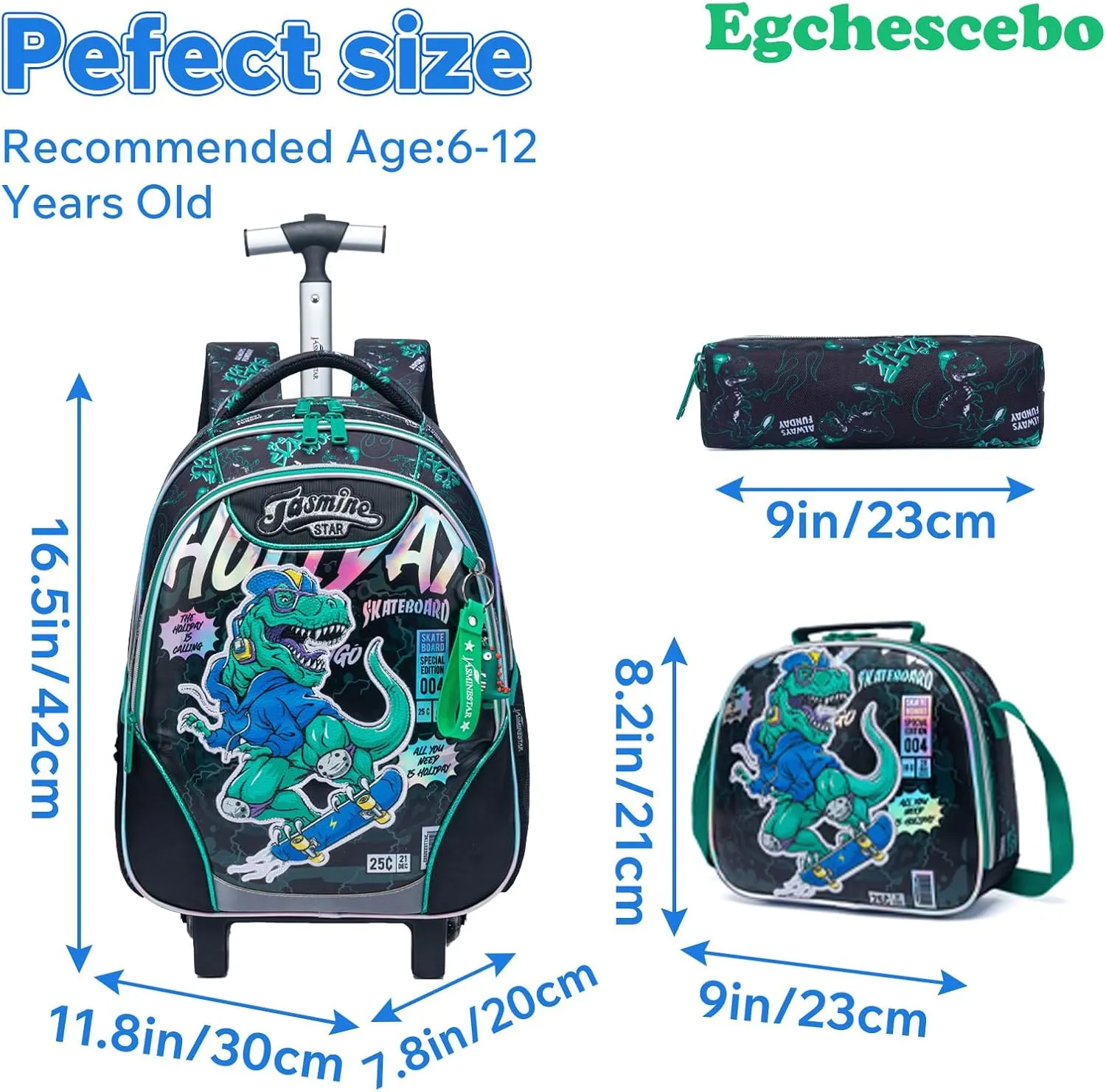 Egchescebo Kids Rolling Dinosaurs Backpack for Boys Trolley Suitcases Luggage Travel with Wheels Bookbag Wheeled 17" 3PCS Roller Backpacks Set Toddler Tote Bag Back Pack School Bags Elementary Green