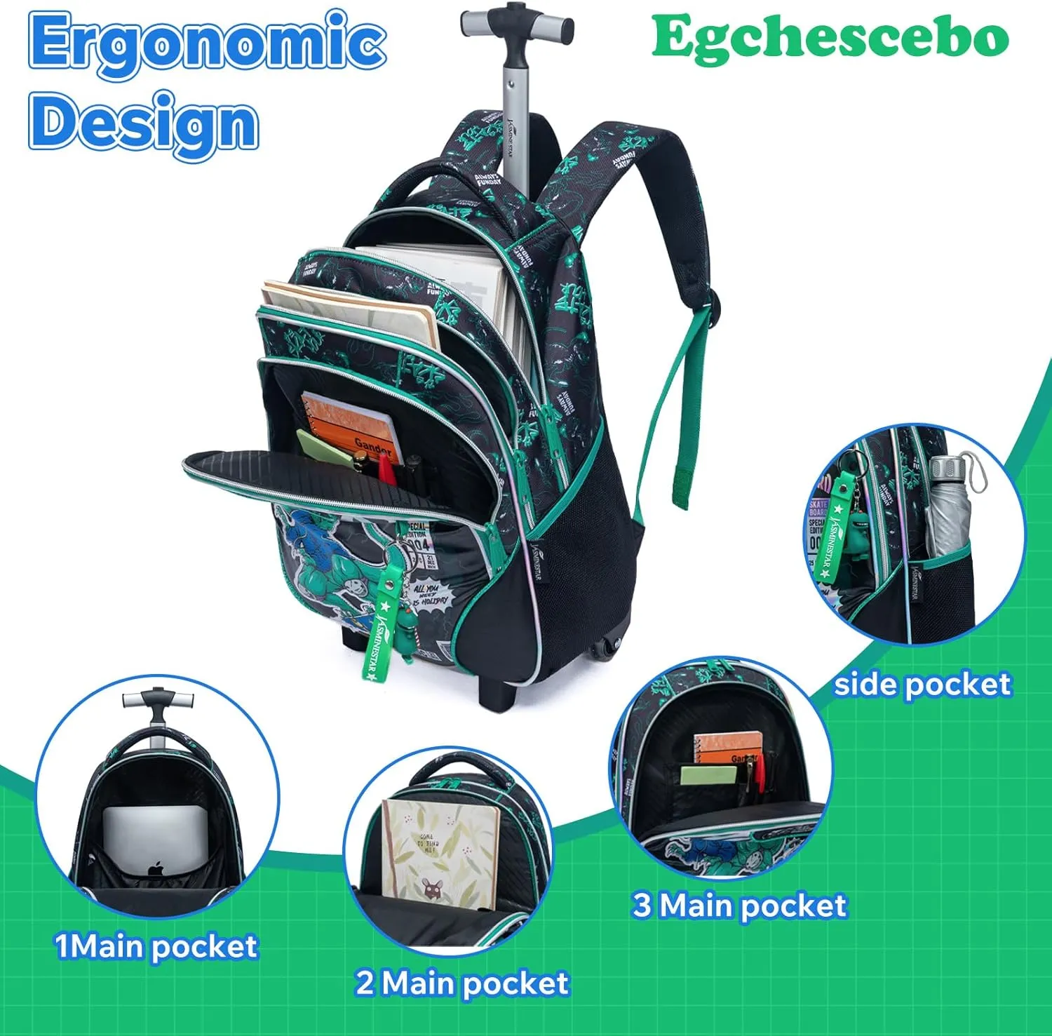 Egchescebo Kids Rolling Dinosaurs Backpack for Boys Trolley Suitcases Luggage Travel with Wheels Bookbag Wheeled 17" 3PCS Roller Backpacks Set Toddler Tote Bag Back Pack School Bags Elementary Green