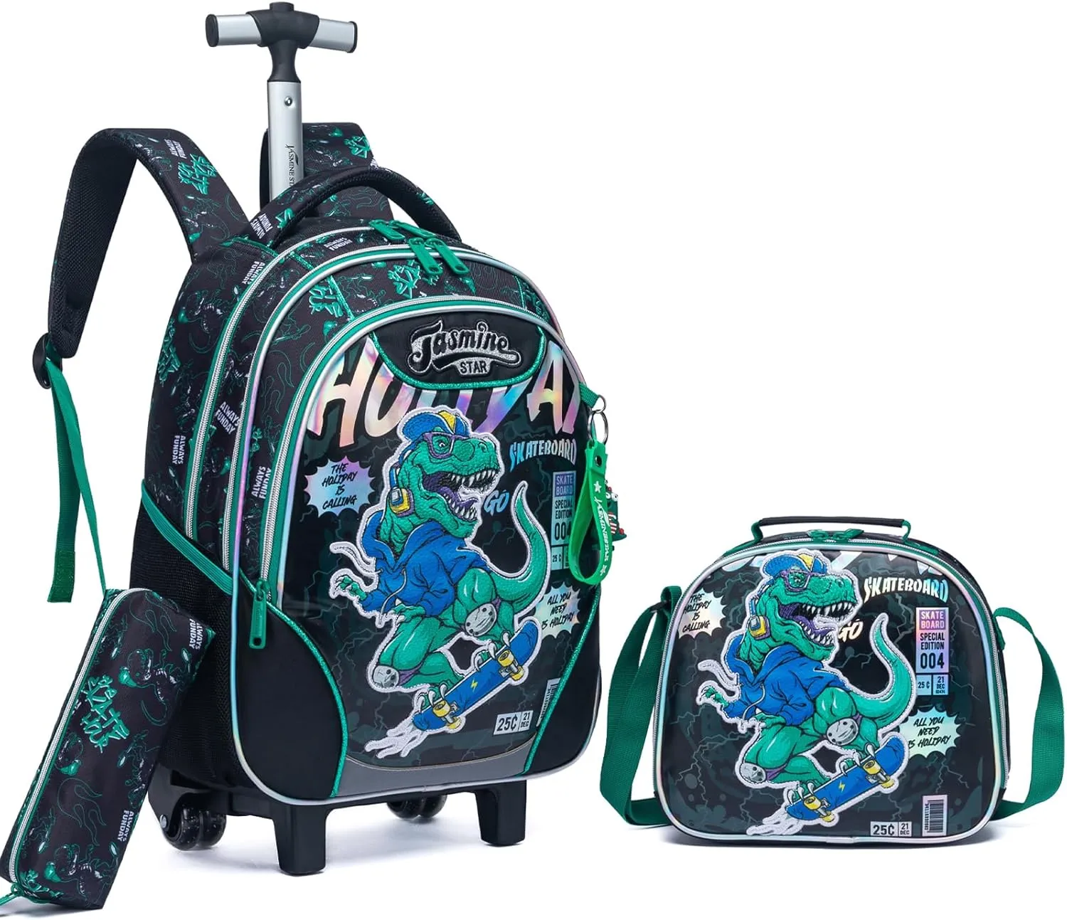 Egchescebo Kids Rolling Dinosaurs Backpack for Boys Trolley Suitcases Luggage Travel with Wheels Bookbag Wheeled 17" 3PCS Roller Backpacks Set Toddler Tote Bag Back Pack School Bags Elementary Green