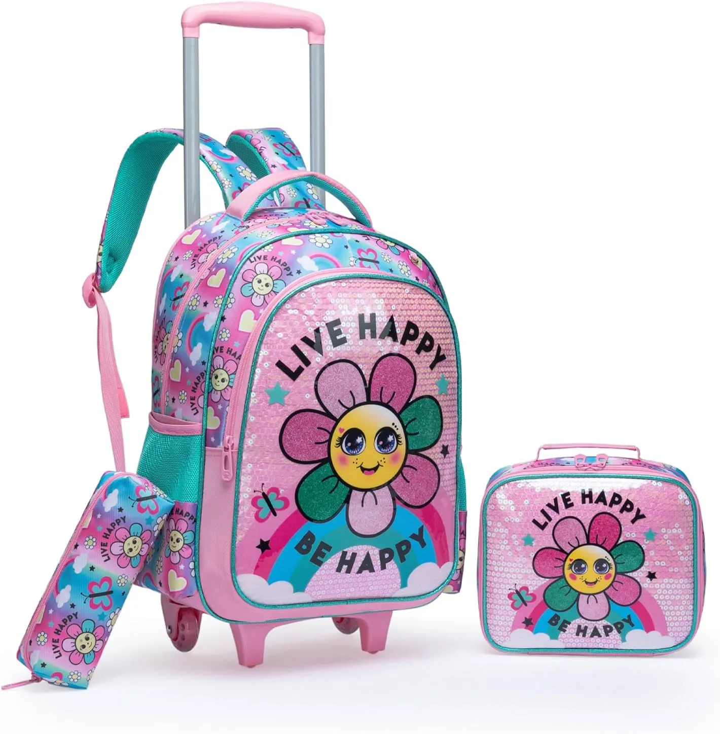Egchescebo Kids Rolling Flower Backpack for Girls Trolley Suitcases Luggage Travel with Wheels Bookbag Wheeled 3PCS Roller Backpacks Toddler Tote Bag Back Pack School Bags Set for Elementary Pink