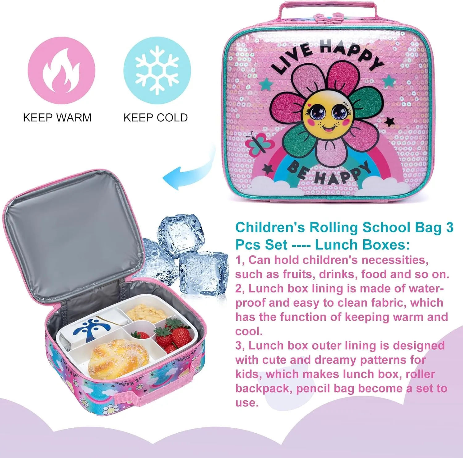 Egchescebo Kids Rolling Flower Backpack for Girls Trolley Suitcases Luggage Travel with Wheels Bookbag Wheeled 3PCS Roller Backpacks Toddler Tote Bag Back Pack School Bags Set for Elementary Pink
