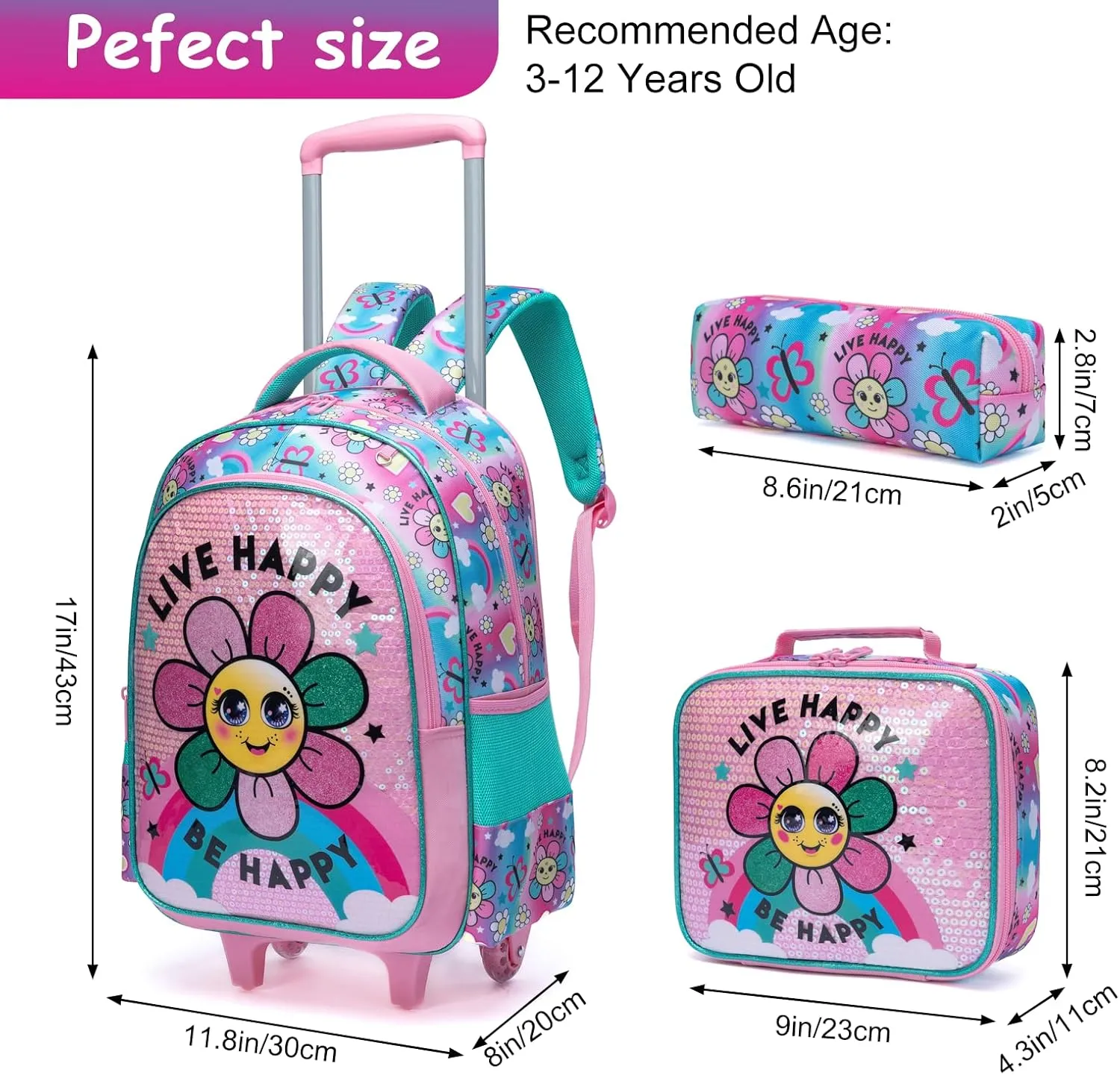 Egchescebo Kids Rolling Flower Backpack for Girls Trolley Suitcases Luggage Travel with Wheels Bookbag Wheeled 3PCS Roller Backpacks Toddler Tote Bag Back Pack School Bags Set for Elementary Pink