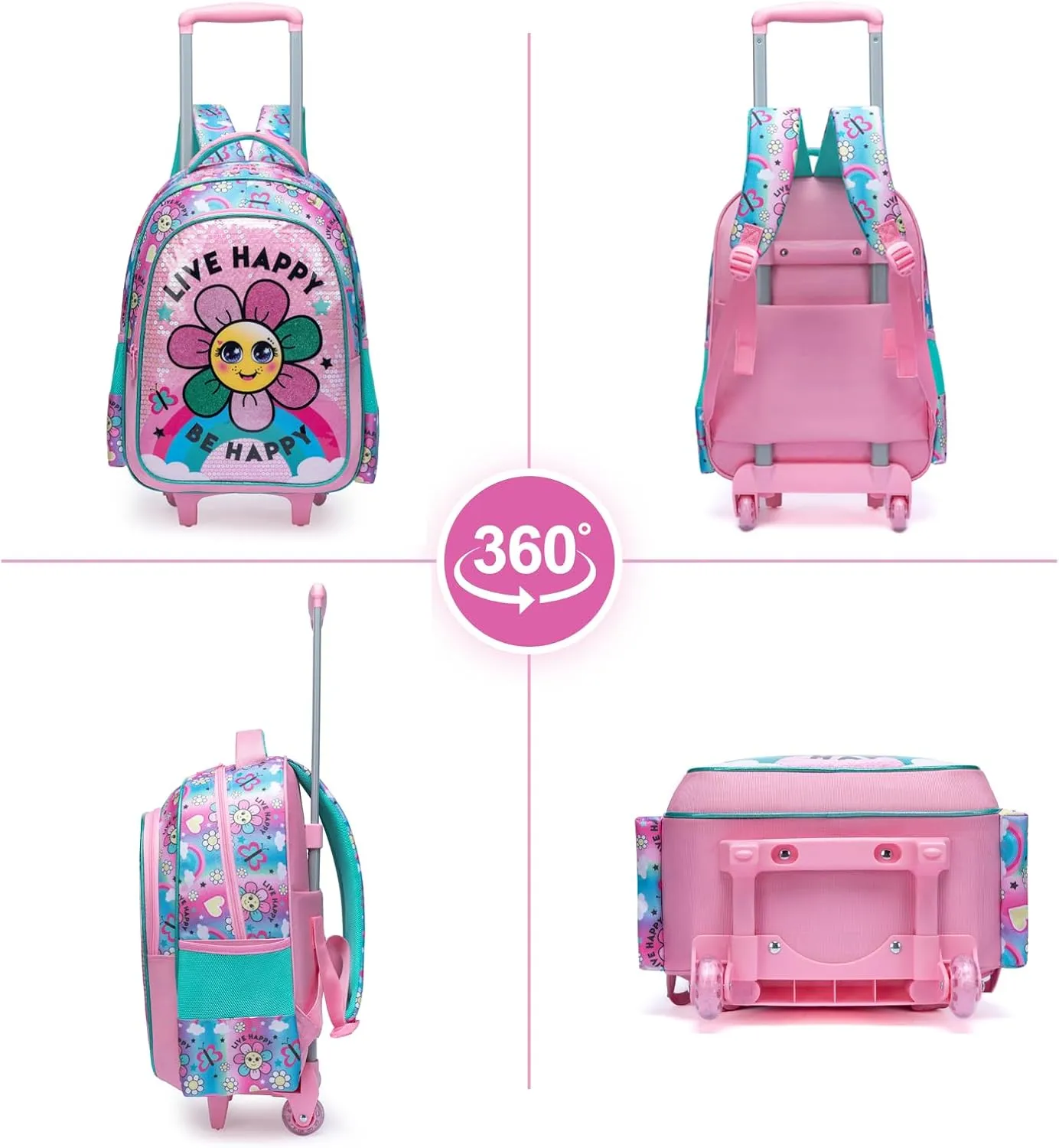 Egchescebo Kids Rolling Flower Backpack for Girls Trolley Suitcases Luggage Travel with Wheels Bookbag Wheeled 3PCS Roller Backpacks Toddler Tote Bag Back Pack School Bags Set for Elementary Pink