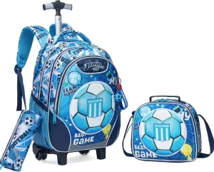 Egchescebo Kids Rolling Football Backpack for Boys Trolley Suitcases Luggage Travel with Wheels Bookbag Wheeled 17" 3PCS Roller Backpacks Set Toddler Tote Bag Back Pack School Bags Elementary Blue