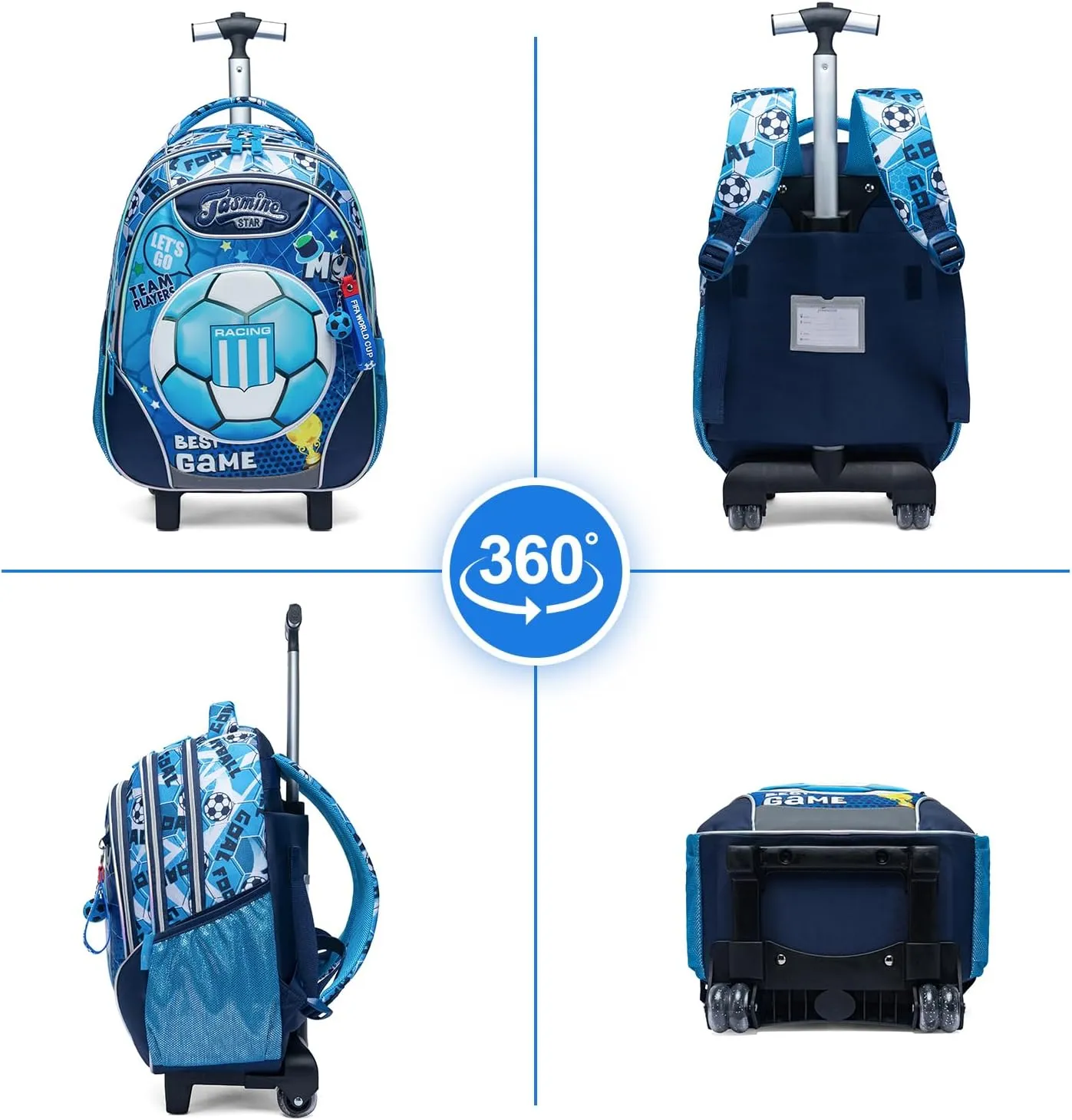Egchescebo Kids Rolling Football Backpack for Boys Trolley Suitcases Luggage Travel with Wheels Bookbag Wheeled 17" 3PCS Roller Backpacks Set Toddler Tote Bag Back Pack School Bags Elementary Blue
