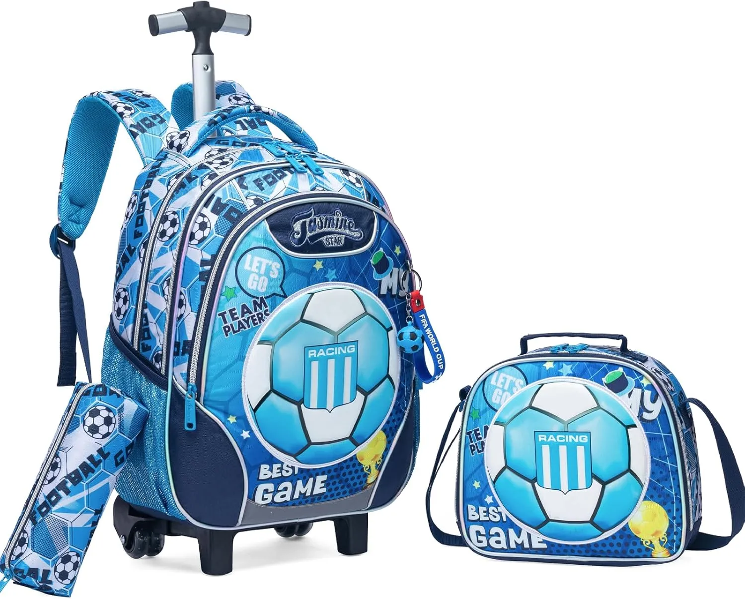 Egchescebo Kids Rolling Football Backpack for Boys Trolley Suitcases Luggage Travel with Wheels Bookbag Wheeled 17" 3PCS Roller Backpacks Set Toddler Tote Bag Back Pack School Bags Elementary Blue