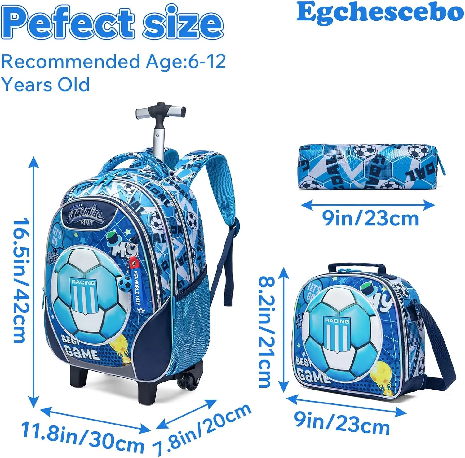 Egchescebo Kids Rolling Football Backpack for Boys Trolley Suitcases Luggage Travel with Wheels Bookbag Wheeled 17" 3PCS Roller Backpacks Set Toddler Tote Bag Back Pack School Bags Elementary Blue