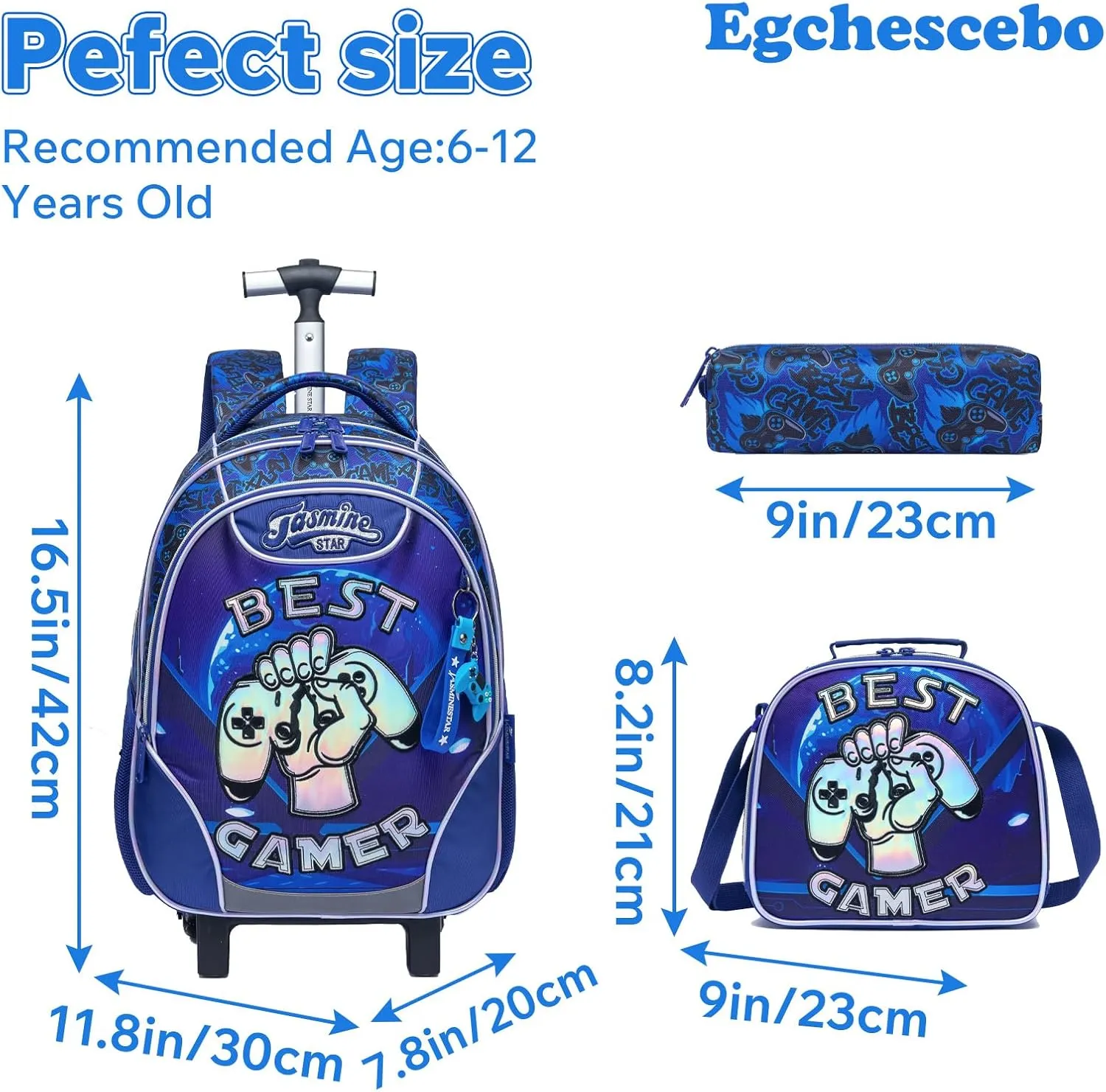 Egchescebo Kids Rolling Gamepad Backpack for Boys Trolley Suitcases Luggage Travel with Wheels Bookbag Wheeled 17" 3PCS Roller Backpacks Set Toddler Tote Bag Back Pack School Bags Elementary Blue