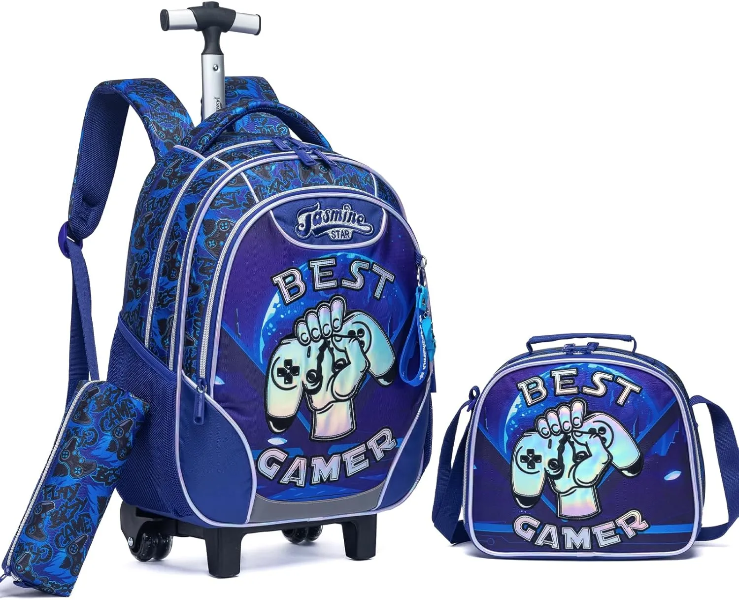 Egchescebo Kids Rolling Gamepad Backpack for Boys Trolley Suitcases Luggage Travel with Wheels Bookbag Wheeled 17" 3PCS Roller Backpacks Set Toddler Tote Bag Back Pack School Bags Elementary Blue