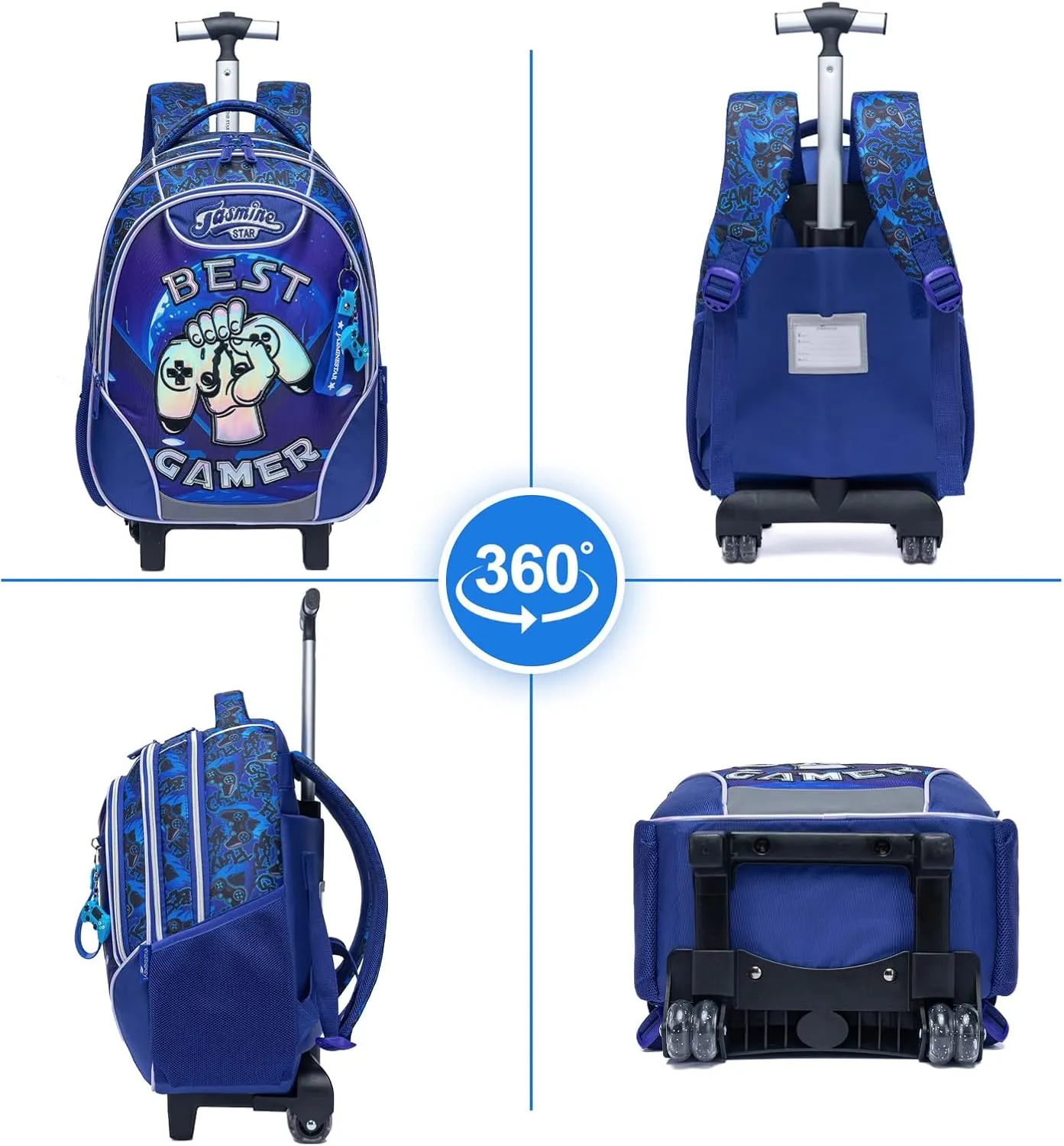 Egchescebo Kids Rolling Gamepad Backpack for Boys Trolley Suitcases Luggage Travel with Wheels Bookbag Wheeled 17" 3PCS Roller Backpacks Set Toddler Tote Bag Back Pack School Bags Elementary Blue