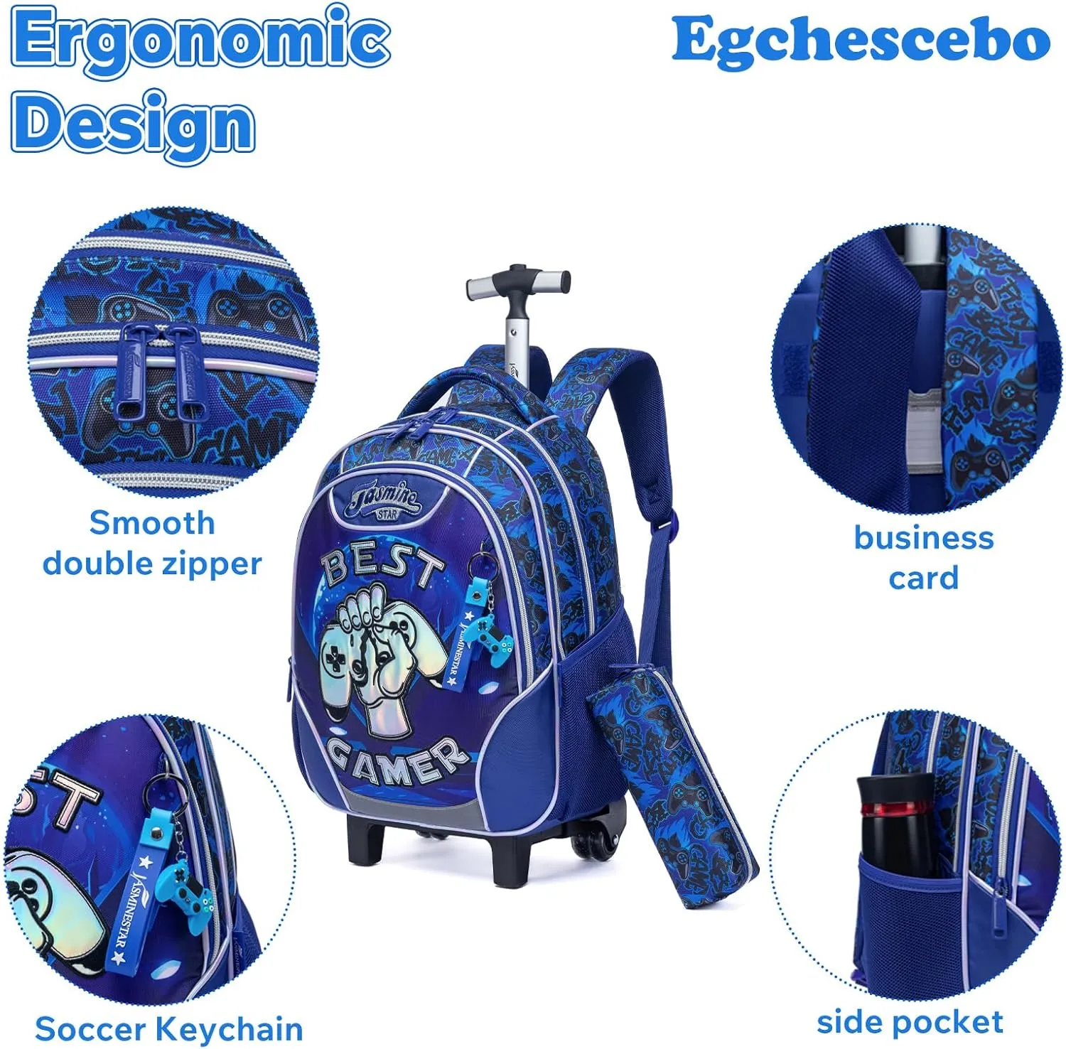 Egchescebo Kids Rolling Gamepad Backpack for Boys Trolley Suitcases Luggage Travel with Wheels Bookbag Wheeled 17" 3PCS Roller Backpacks Set Toddler Tote Bag Back Pack School Bags Elementary Blue