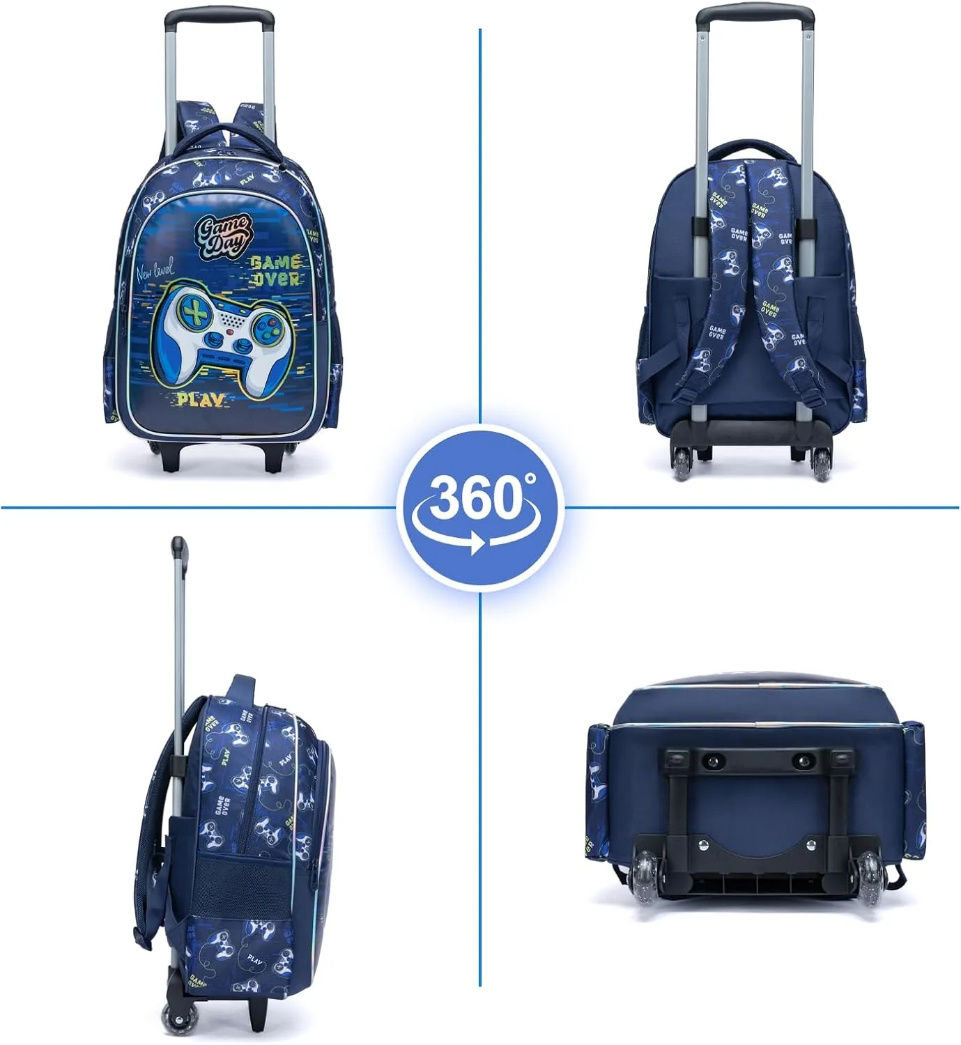 Egchescebo Kids Rolling Games Backpack for Boys Trolley Suitcases Luggage Travel with Wheels Bookbag Wheeled 3PCS Roller Backpacks Toddler Tote Bag Back Pack School Bags Set Elementary Blue