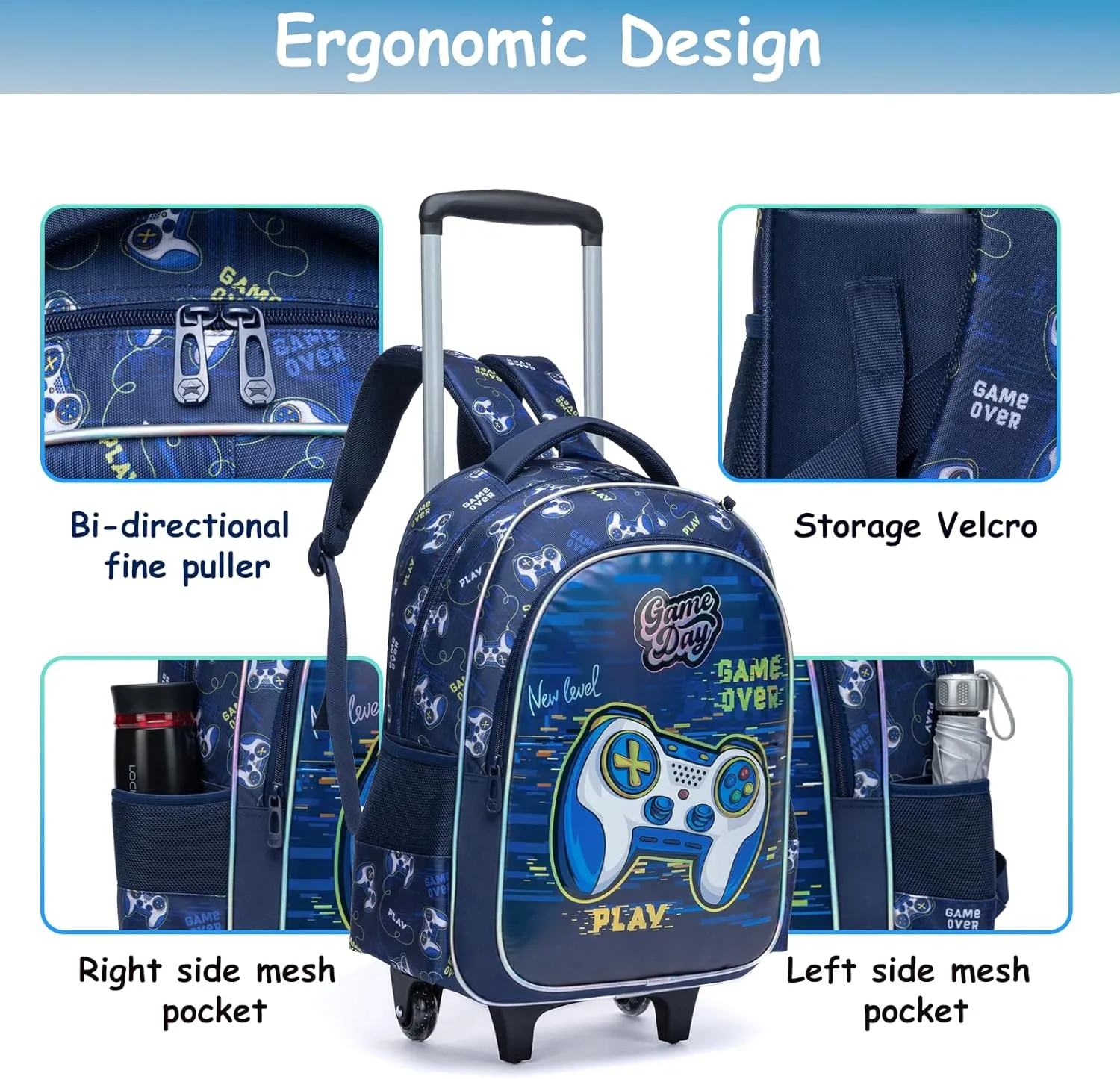 Egchescebo Kids Rolling Games Backpack for Boys Trolley Suitcases Luggage Travel with Wheels Bookbag Wheeled 3PCS Roller Backpacks Toddler Tote Bag Back Pack School Bags Set Elementary Blue