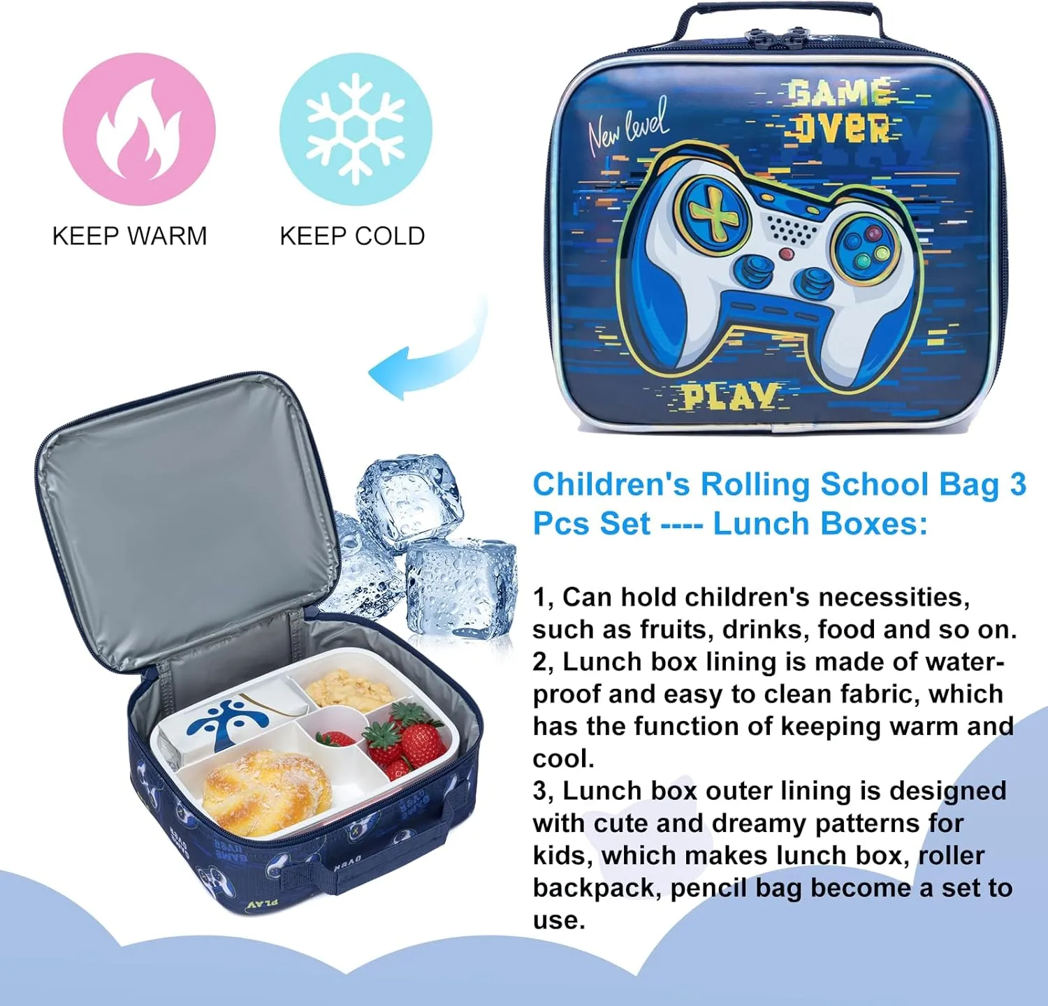 Egchescebo Kids Rolling Games Backpack for Boys Trolley Suitcases Luggage Travel with Wheels Bookbag Wheeled 3PCS Roller Backpacks Toddler Tote Bag Back Pack School Bags Set Elementary Blue