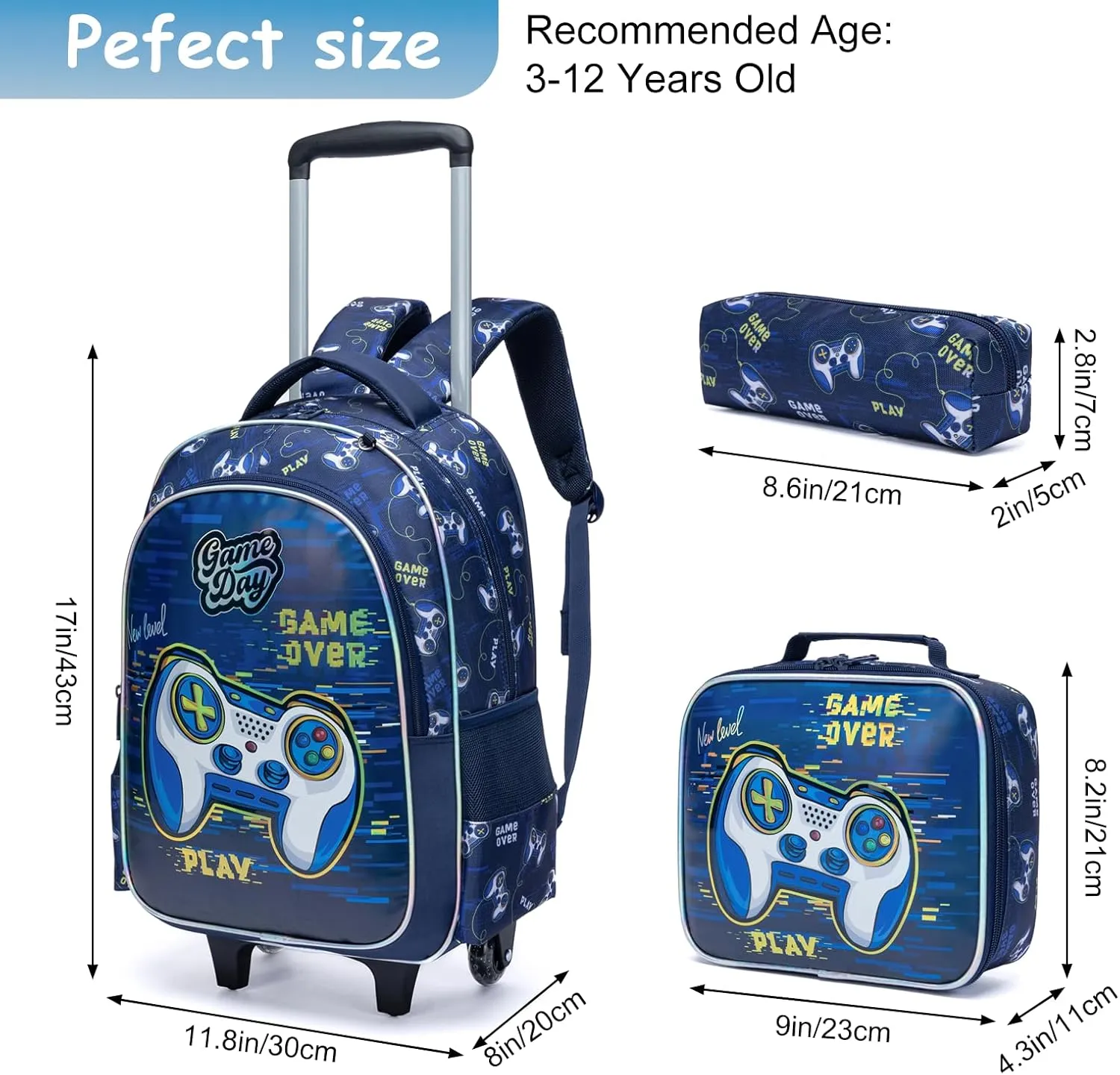 Egchescebo Kids Rolling Games Backpack for Boys Trolley Suitcases Luggage Travel with Wheels Bookbag Wheeled 3PCS Roller Backpacks Toddler Tote Bag Back Pack School Bags Set Elementary Blue