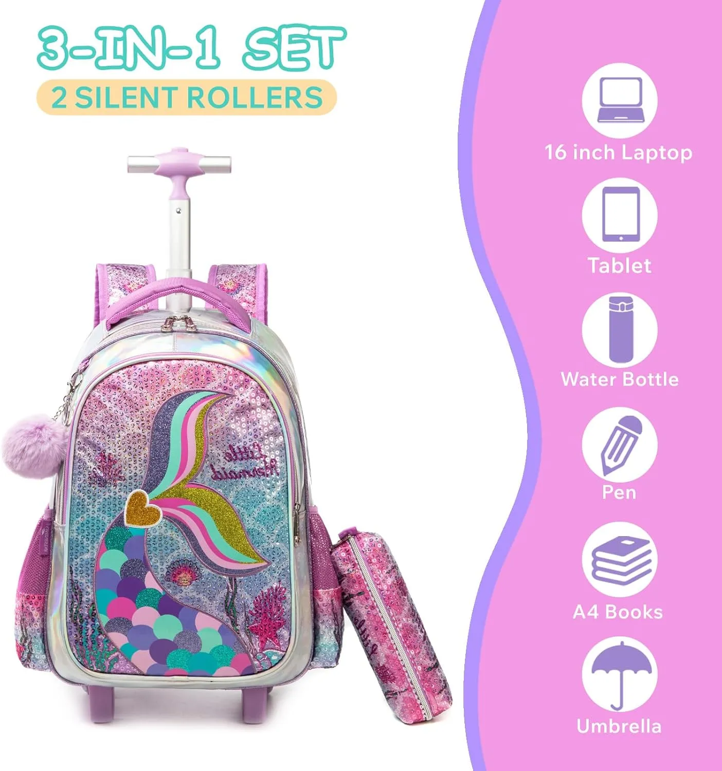 Egchescebo Kids Rolling Mermaids Backpack for Girls Sequins Trolley Suitcases Luggage Travel with Wheels Bookbag Wheeled 17" Roller Backpacks Toddler Back Pack School Bags for Elementary Golden Heart
