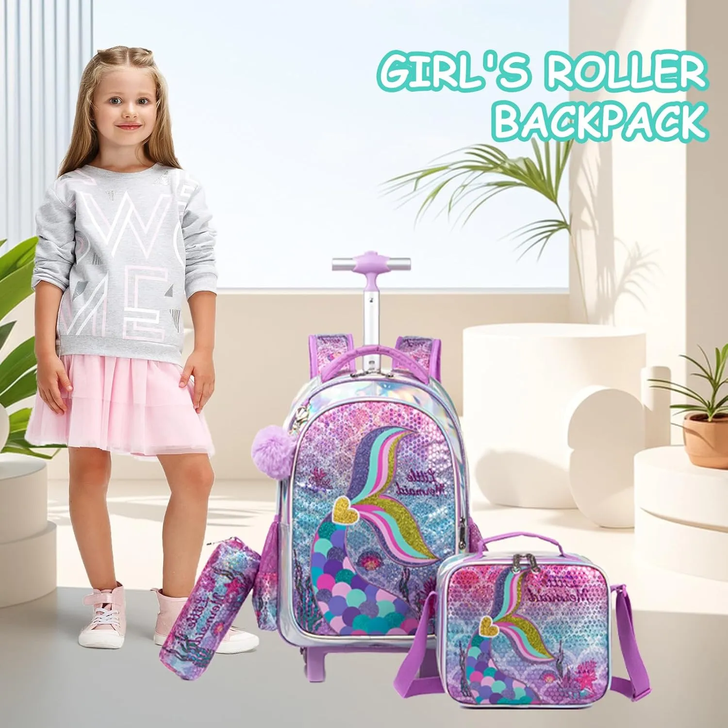 Egchescebo Kids Rolling Mermaids Backpack for Girls Sequins Trolley Suitcases Luggage Travel with Wheels Bookbag Wheeled 17" Roller Backpacks Toddler Back Pack School Bags for Elementary Golden Heart