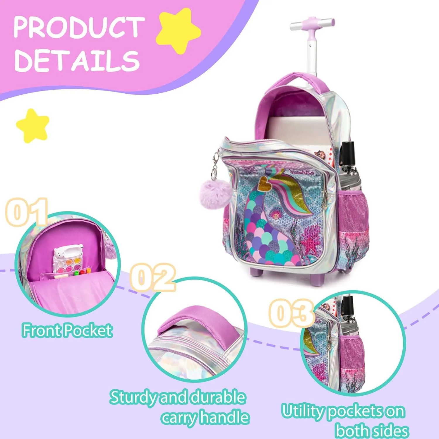 Egchescebo Kids Rolling Mermaids Backpack for Girls Sequins Trolley Suitcases Luggage Travel with Wheels Bookbag Wheeled 17" Roller Backpacks Toddler Back Pack School Bags for Elementary Golden Heart