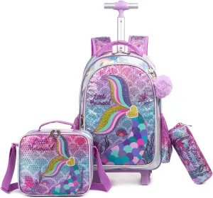 Egchescebo Kids Rolling Mermaids Backpack for Girls Sequins Trolley Suitcases Luggage Travel with Wheels Bookbag Wheeled 17" Roller Backpacks Toddler Back Pack School Bags for Elementary Golden Heart
