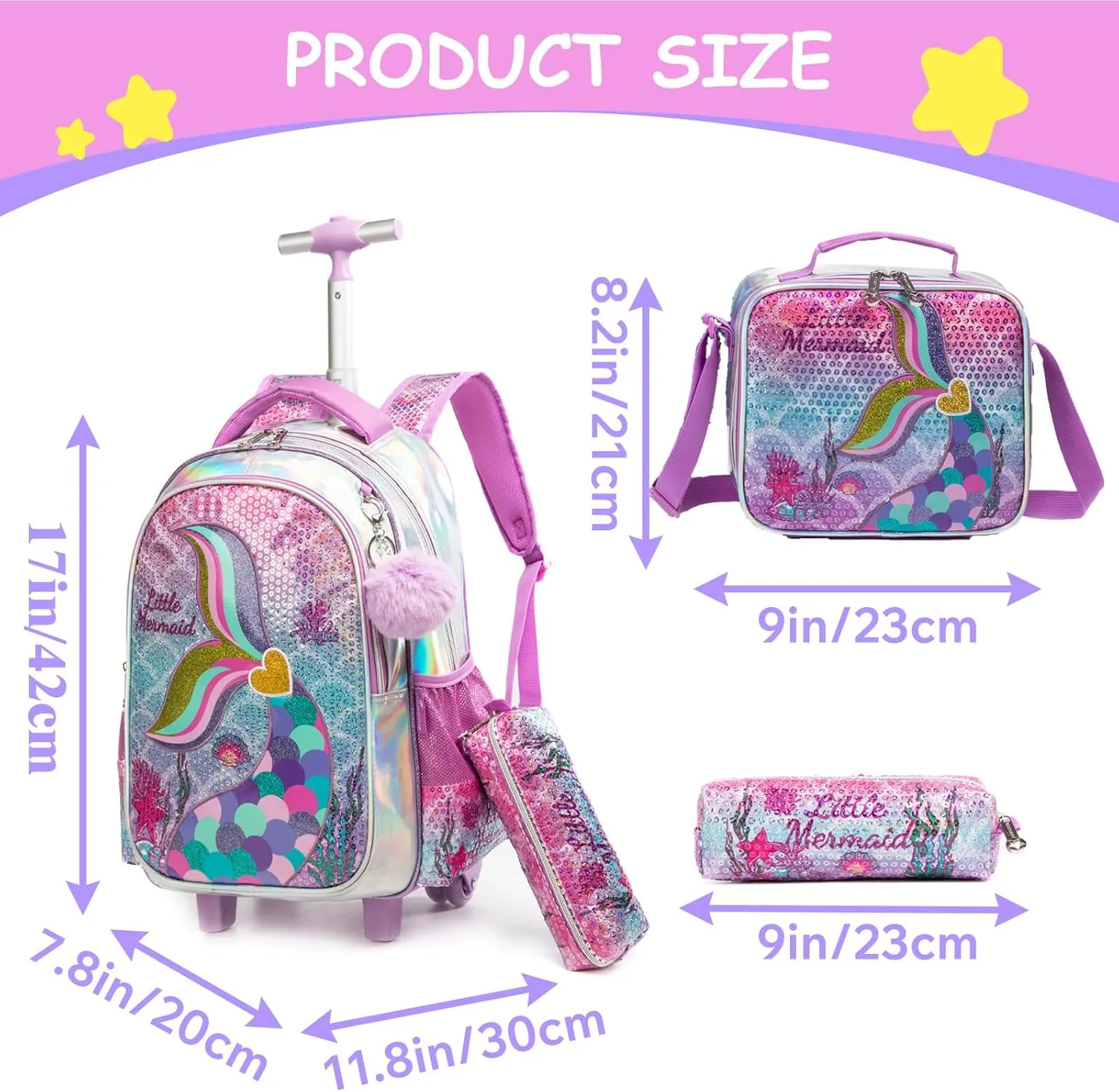 Egchescebo Kids Rolling Mermaids Backpack for Girls Sequins Trolley Suitcases Luggage Travel with Wheels Bookbag Wheeled 17" Roller Backpacks Toddler Back Pack School Bags for Elementary Golden Heart