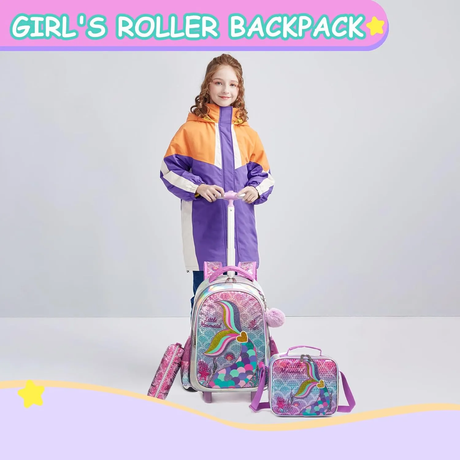 Egchescebo Kids Rolling Mermaids Backpack for Girls Sequins Trolley Suitcases Luggage Travel with Wheels Bookbag Wheeled 17" Roller Backpacks Toddler Back Pack School Bags for Elementary Golden Heart