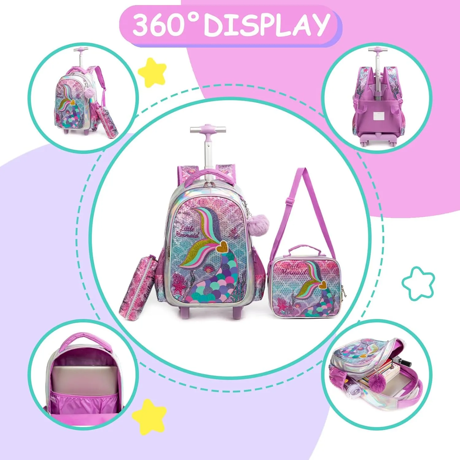Egchescebo Kids Rolling Mermaids Backpack for Girls Sequins Trolley Suitcases Luggage Travel with Wheels Bookbag Wheeled 17" Roller Backpacks Toddler Back Pack School Bags for Elementary Golden Heart