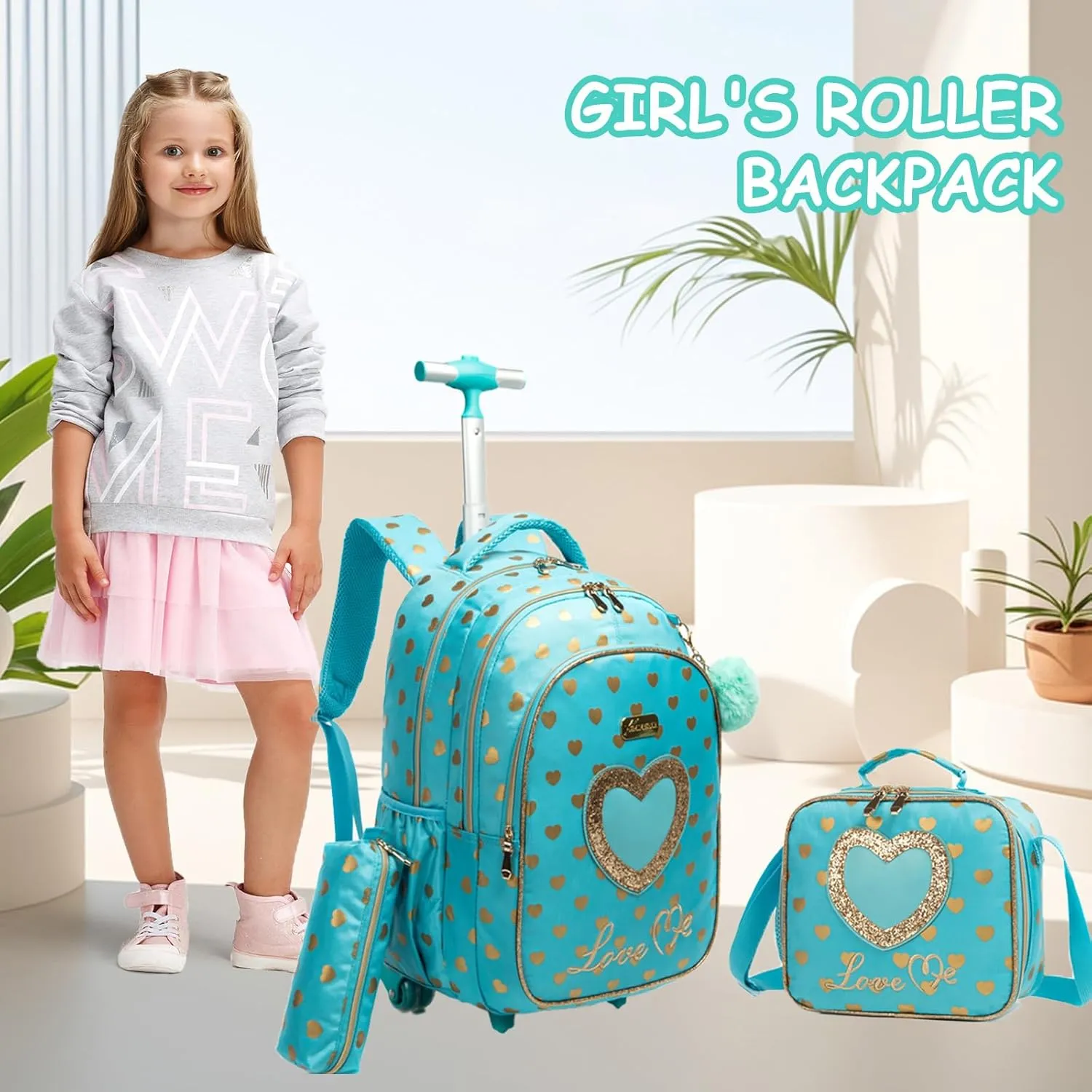 Egchescebo School Bags Kids Rolling Backpack for Girls Kids Luggage Suitcase With Wheels
