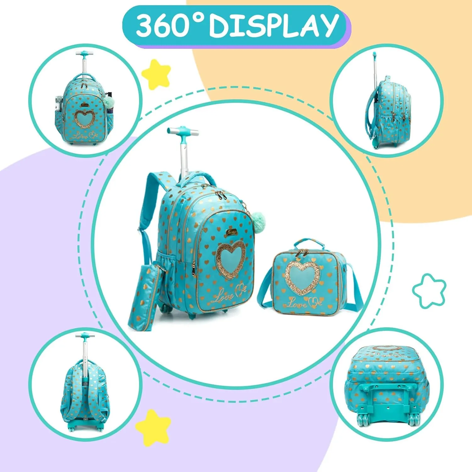 Egchescebo School Bags Kids Rolling Backpack for Girls Kids Luggage Suitcase With Wheels