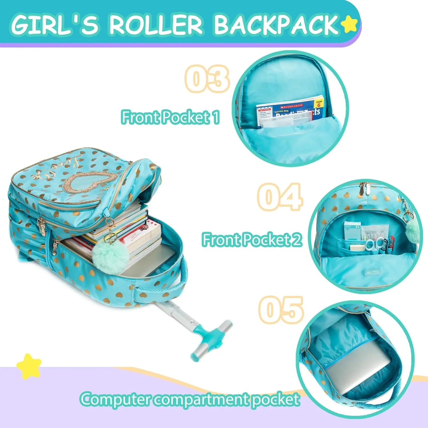 Egchescebo School Bags Kids Rolling Backpack for Girls Kids Luggage Suitcase With Wheels