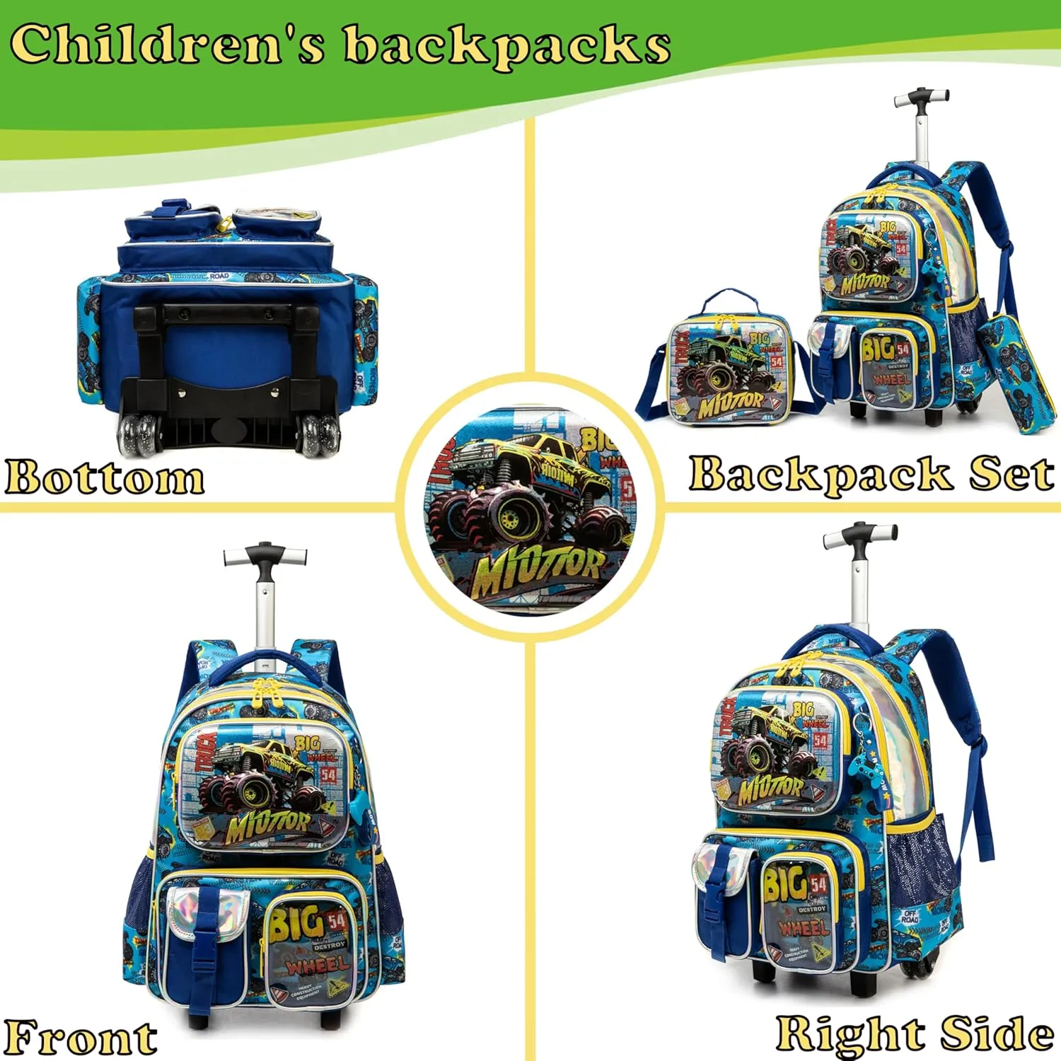 Egchescebo School Kids Rolling Backpack for Boys 17" Multiple Function Pockets