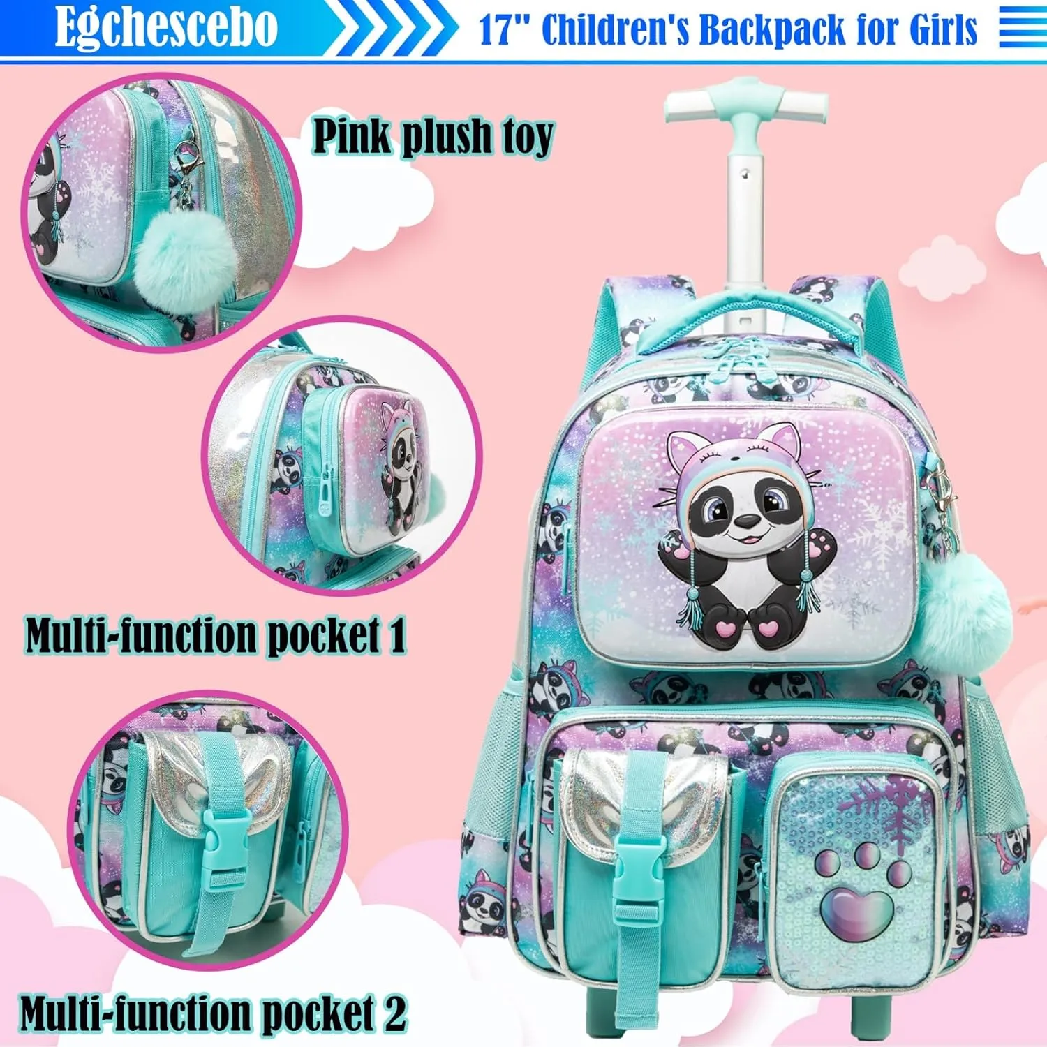 Egchescebo School Kids Rolling Backpack for Boys 17" Multiple Function Pockets