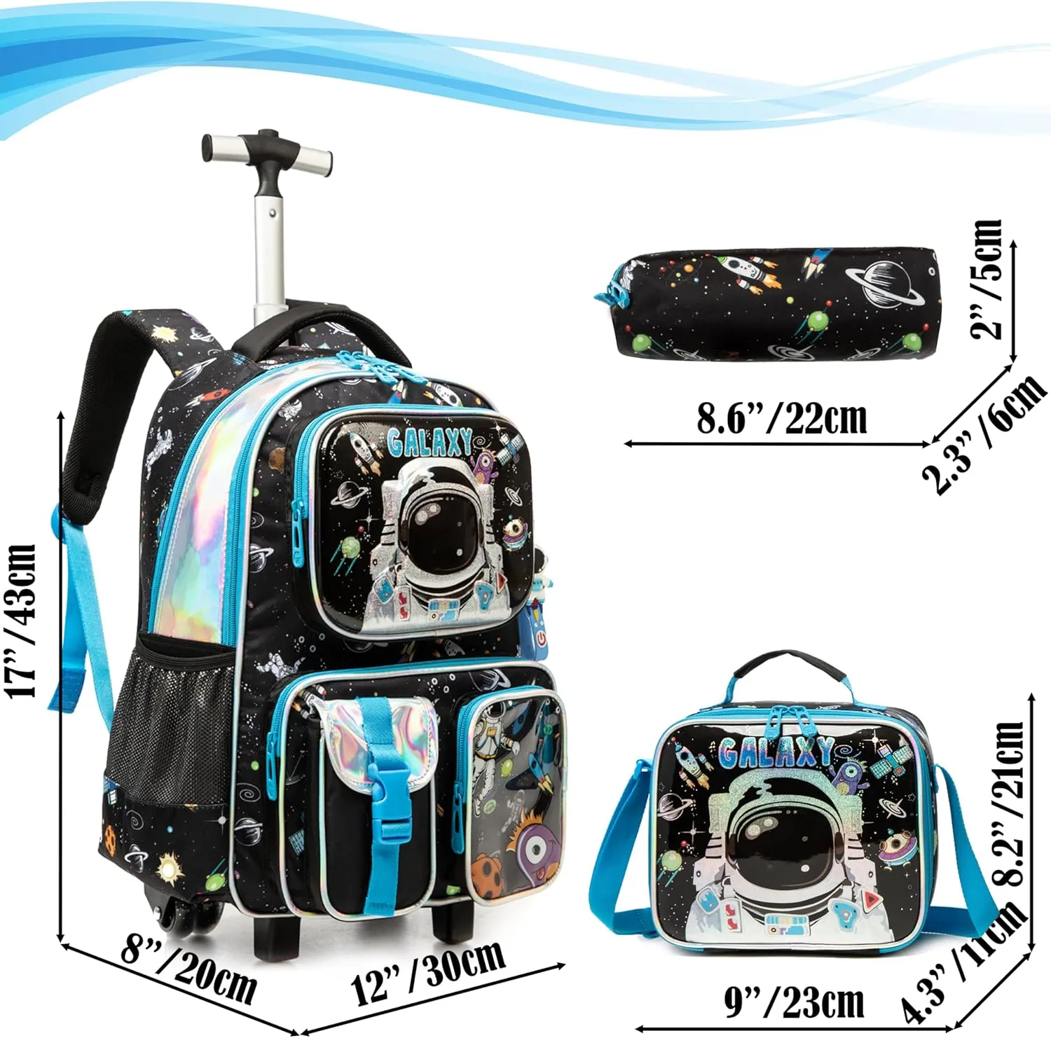 Egchescebo School Kids Rolling Backpack for Boys 17" Multiple Function Pockets