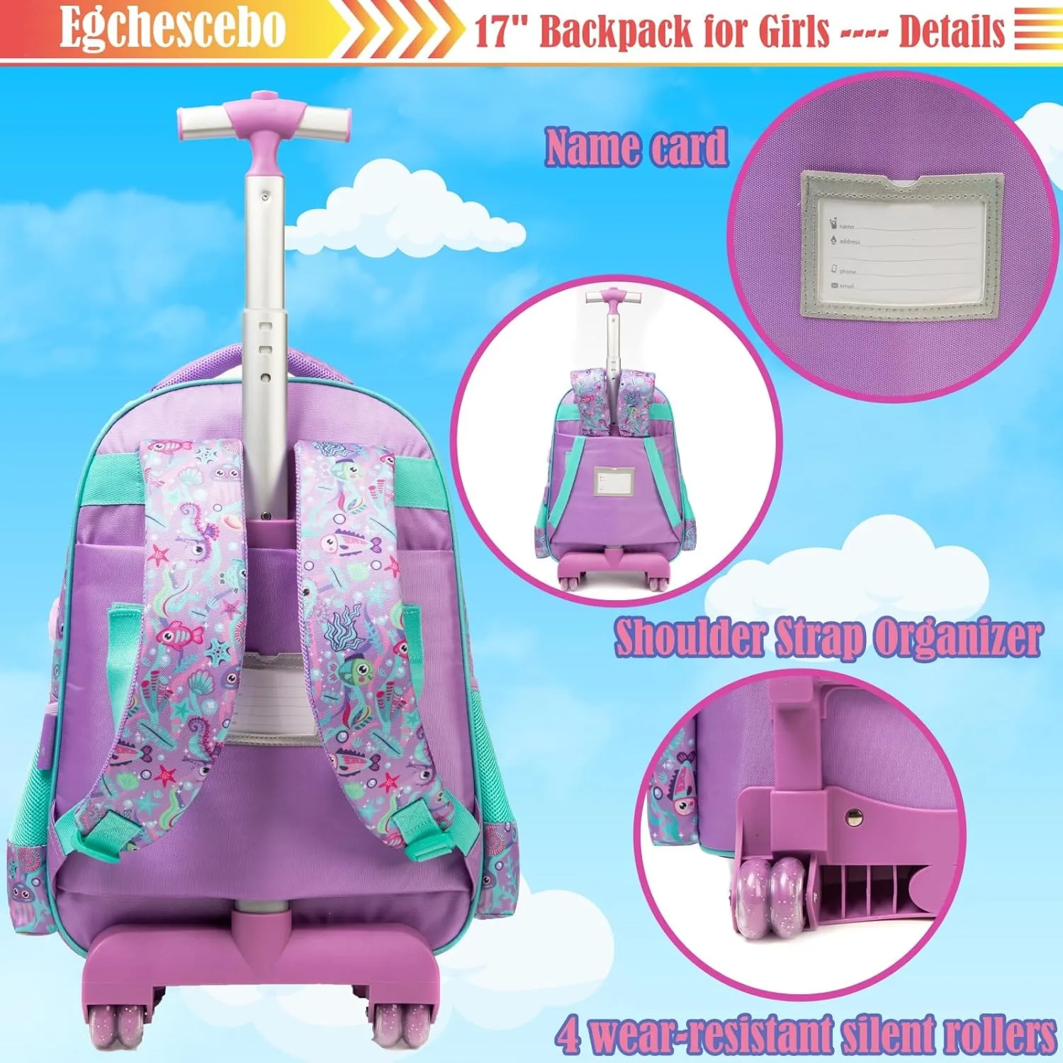 Egchescebo School Kids Rolling Backpack for Boys 17" Multiple Function Pockets
