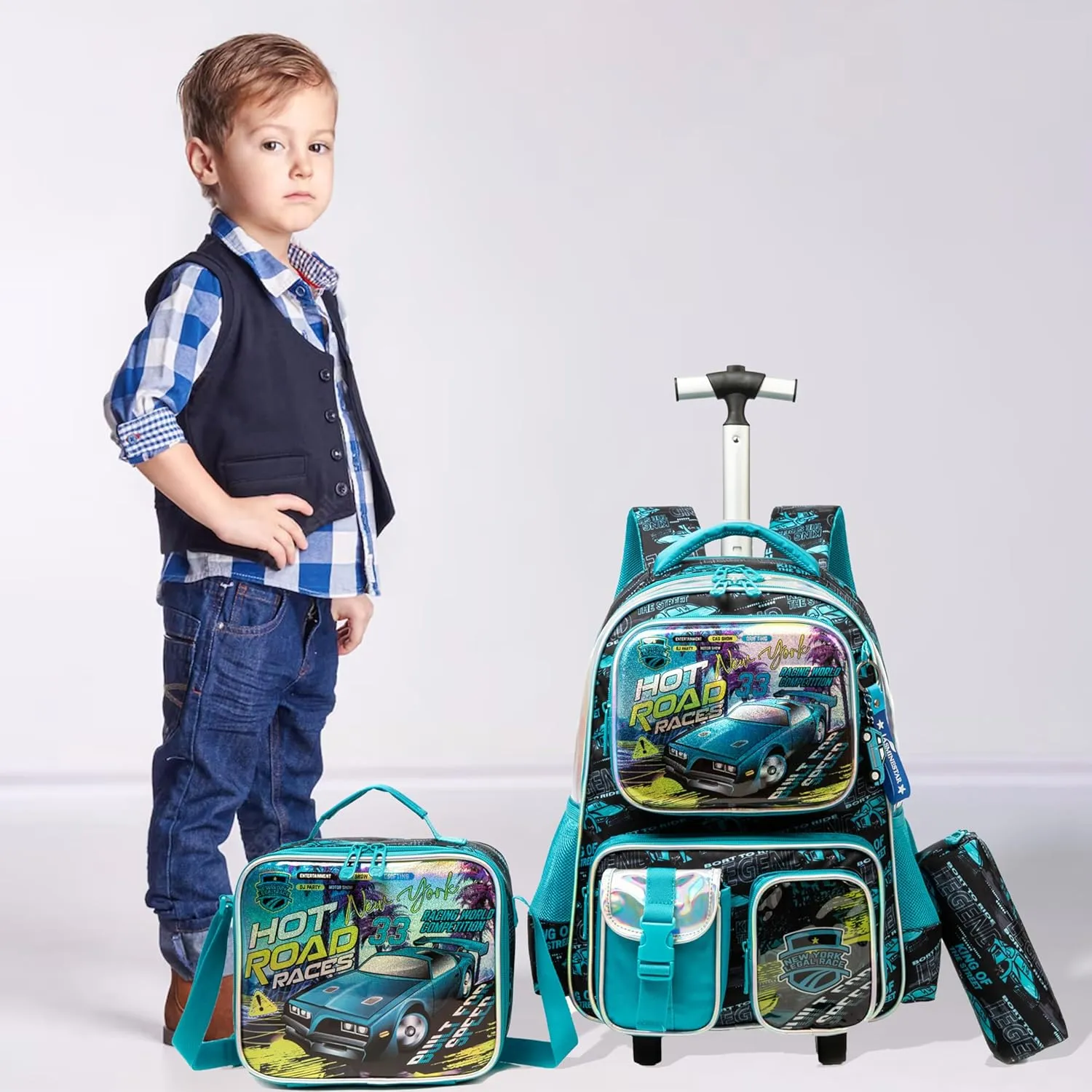 Egchescebo School Kids Rolling Backpack for Boys 17" Multiple Function Pockets