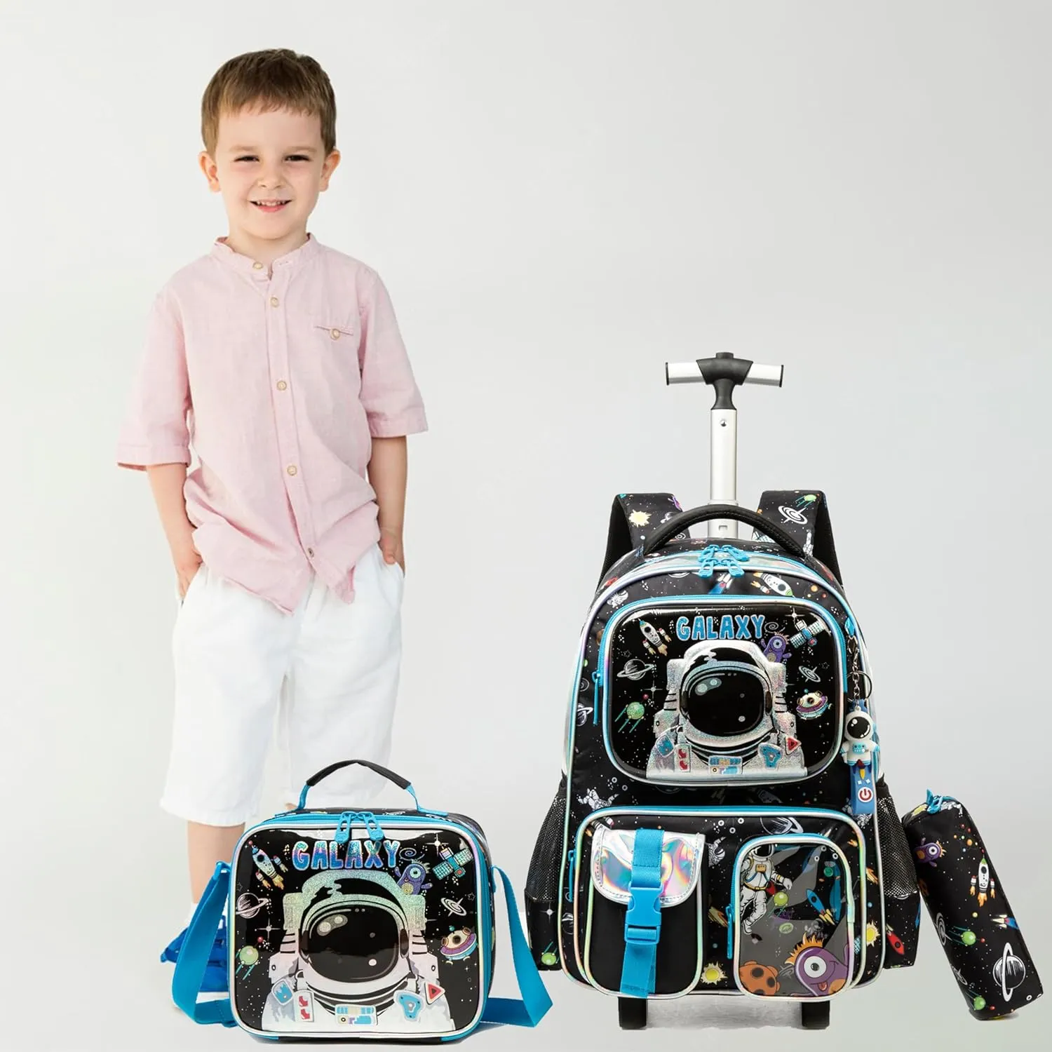 Egchescebo School Kids Rolling Backpack for Boys 17" Multiple Function Pockets