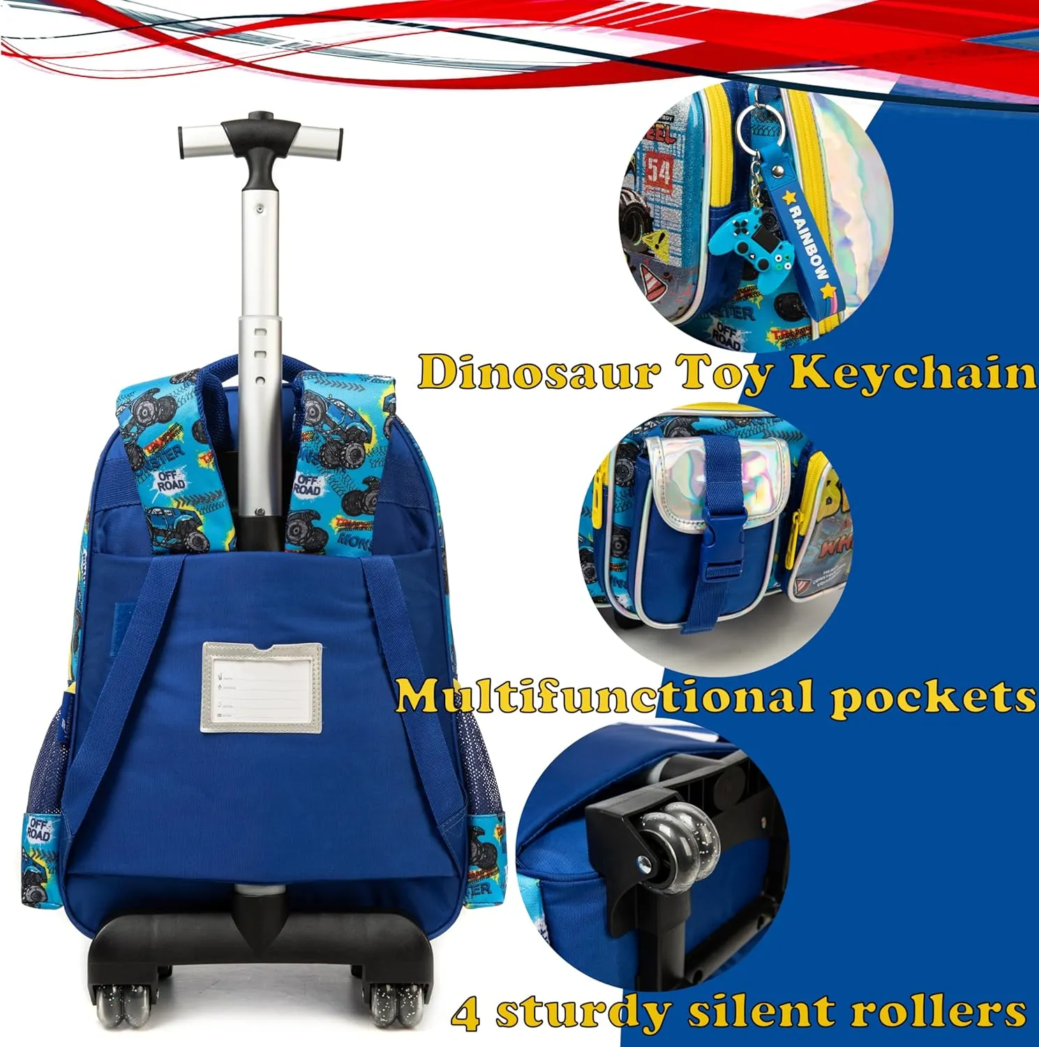 Egchescebo School Kids Rolling Backpack for Boys 17" Multiple Function Pockets