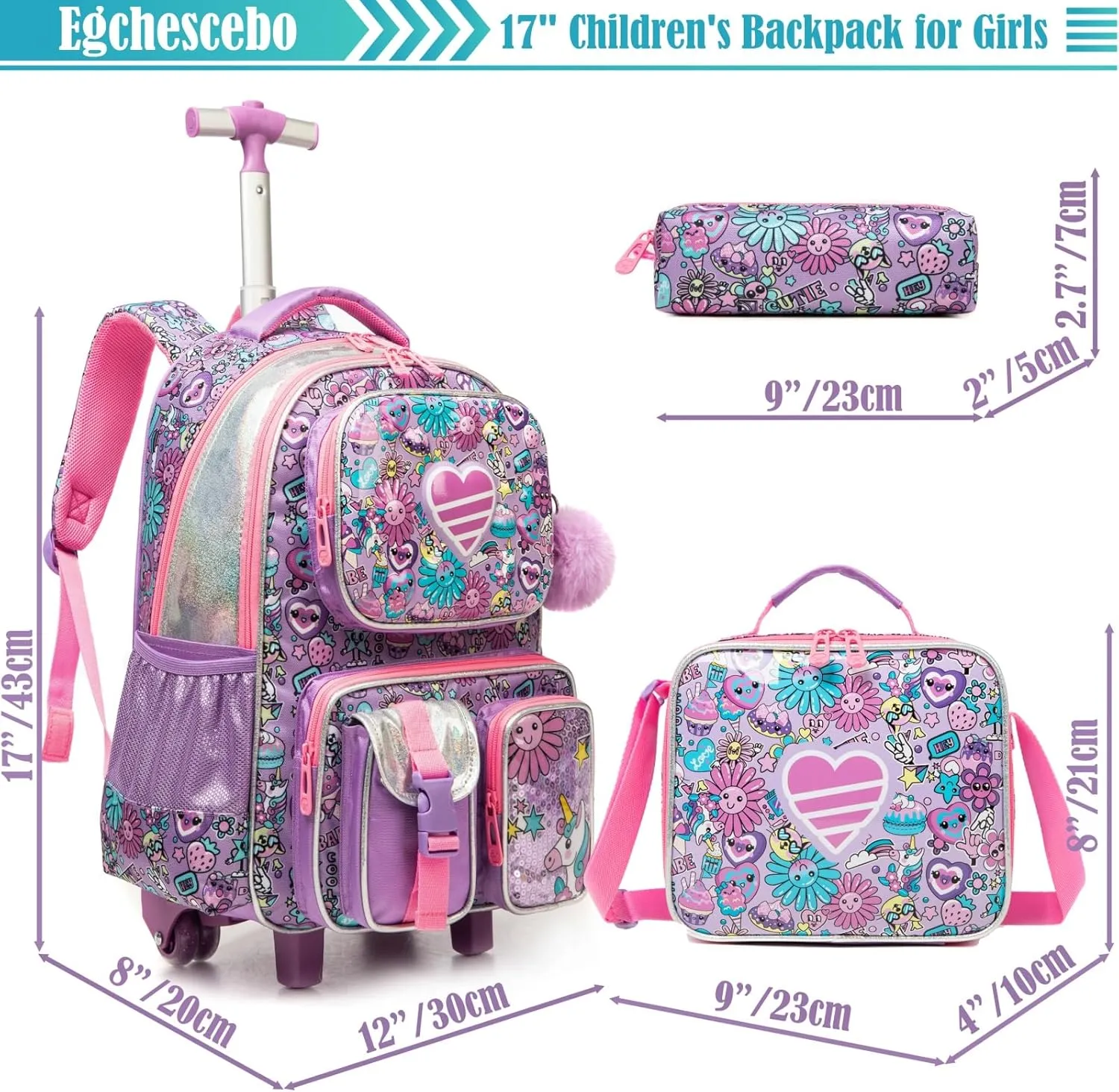 Egchescebo School Kids Rolling Backpack for Boys 17" Multiple Function Pockets