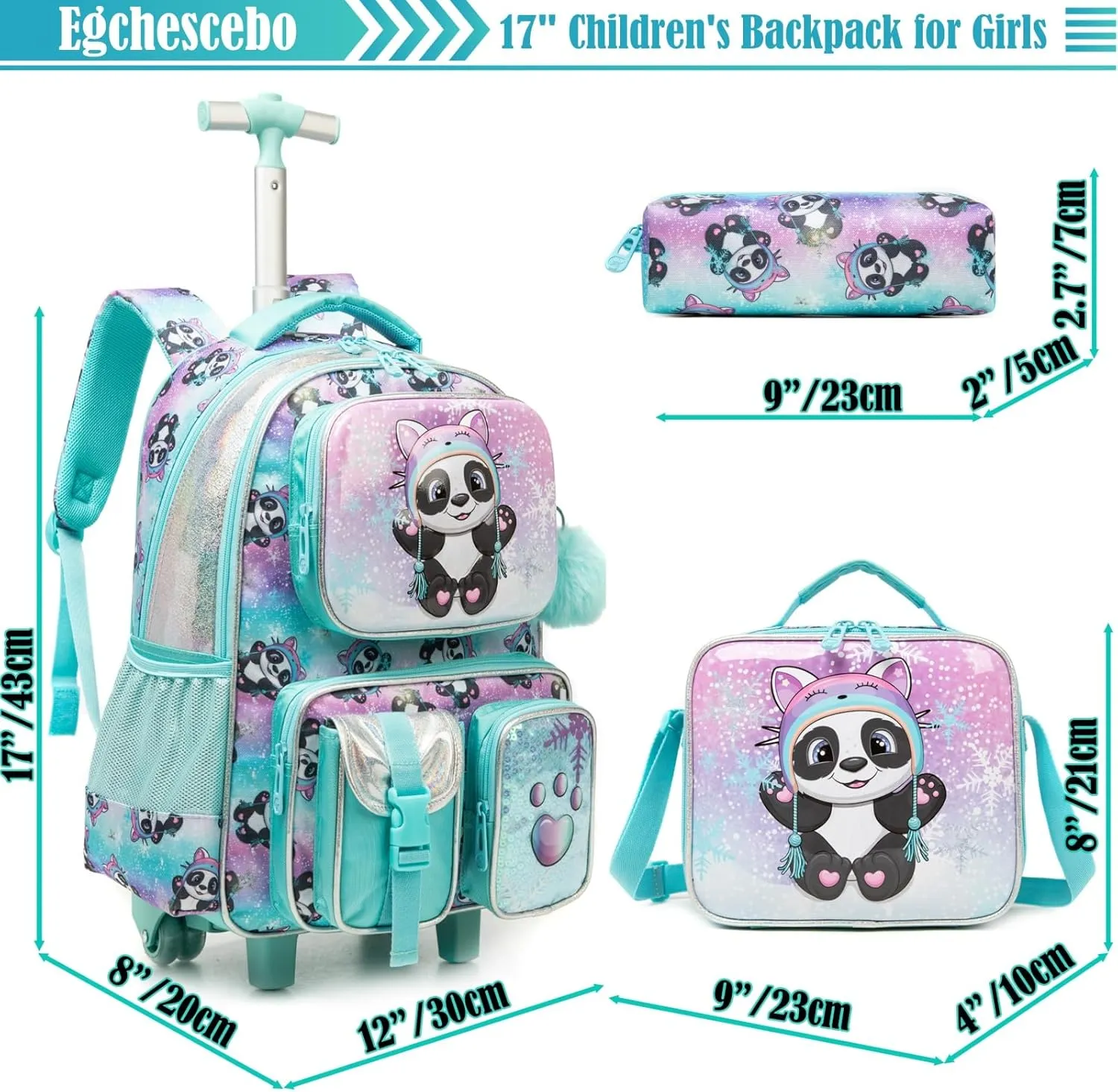 Egchescebo School Kids Rolling Backpack for Boys 17" Multiple Function Pockets