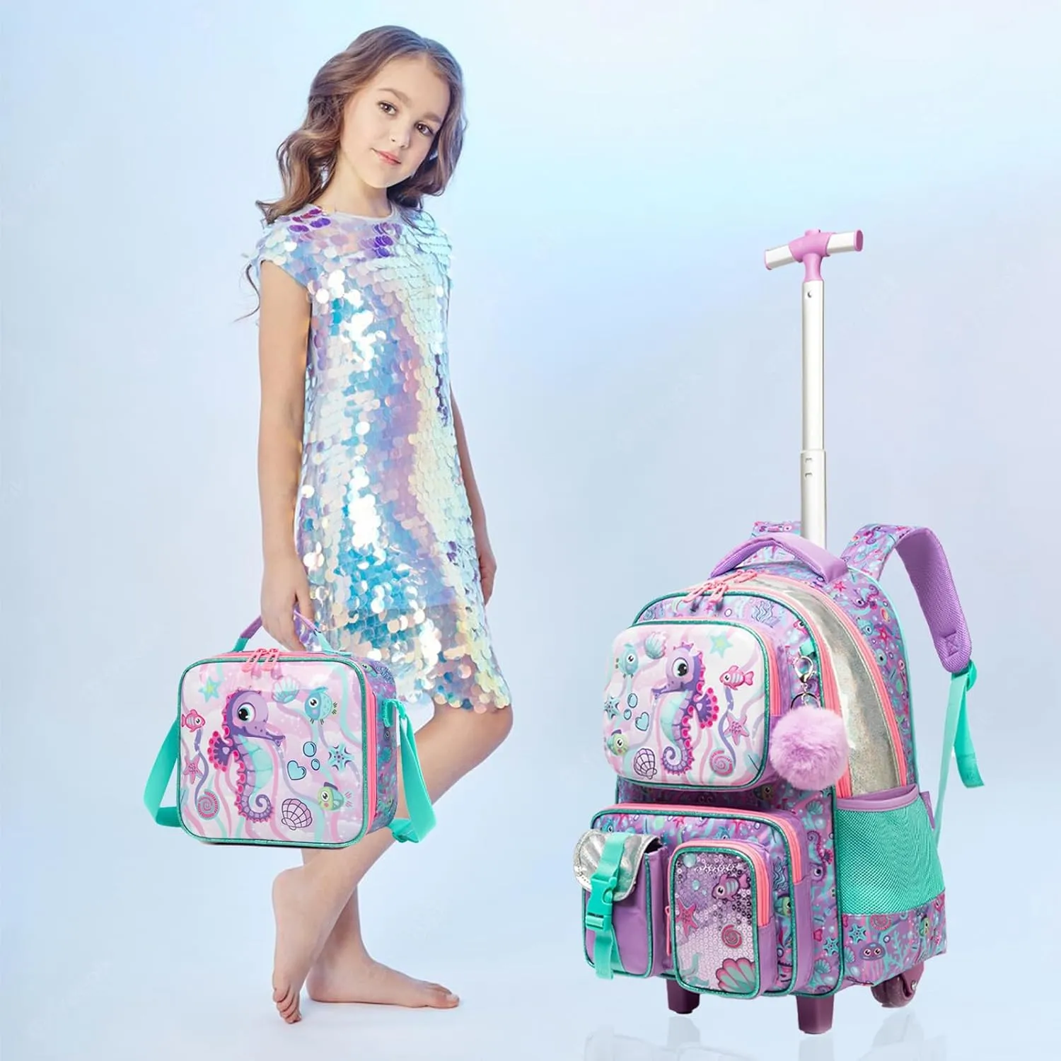 Egchescebo School Kids Rolling Backpack for Boys 17" Multiple Function Pockets