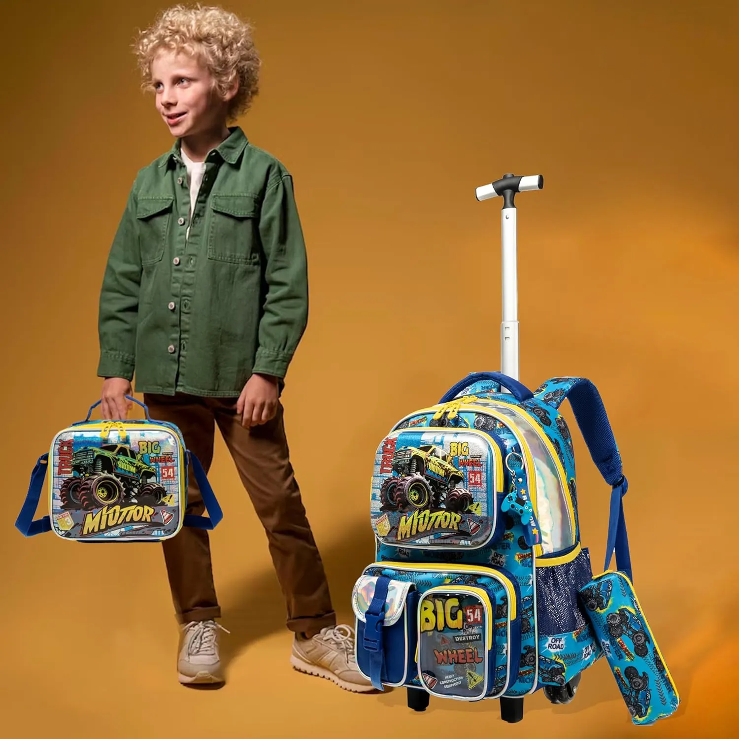Egchescebo School Kids Rolling Backpack for Boys 17" Multiple Function Pockets