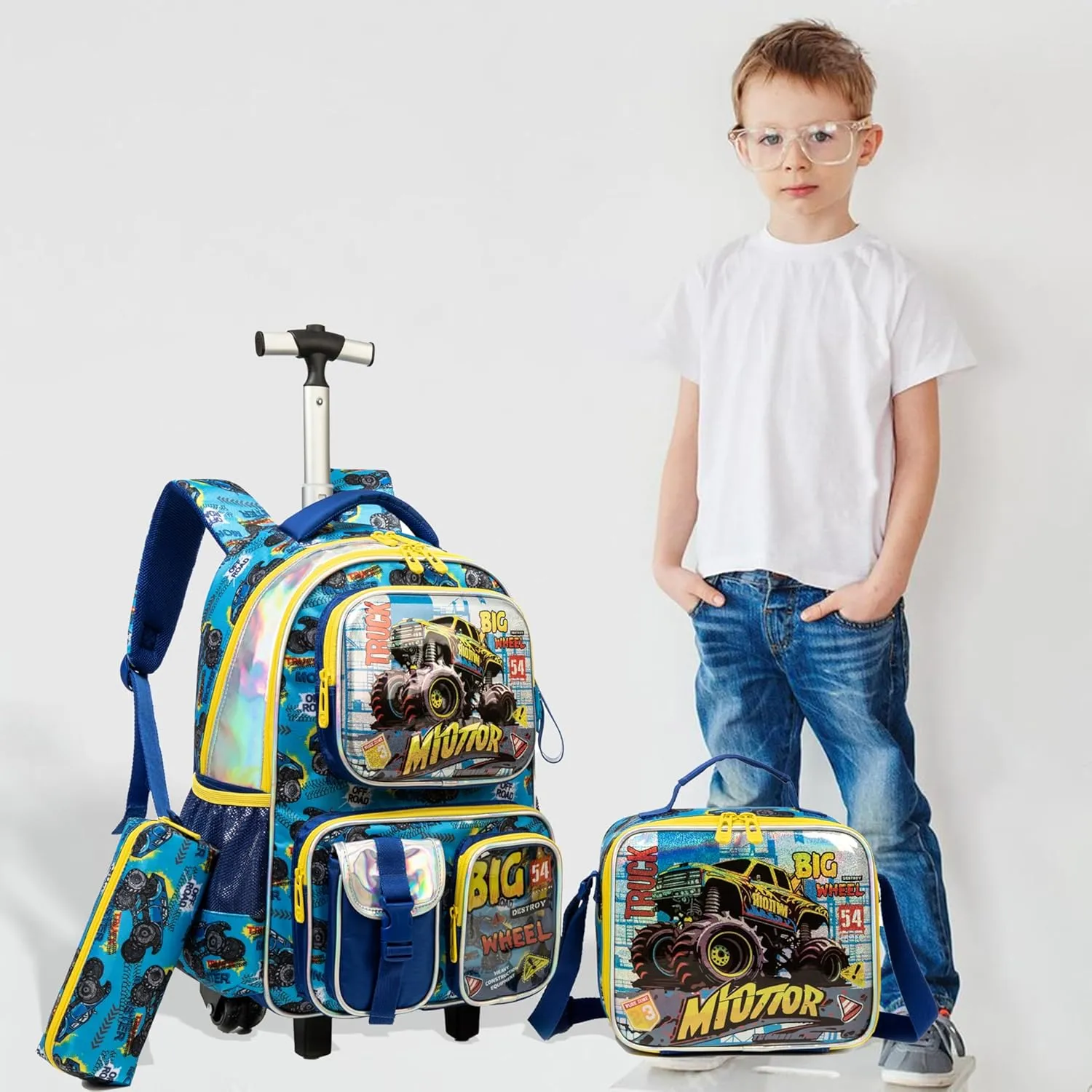 Egchescebo School Kids Rolling Backpack for Boys 17" Multiple Function Pockets