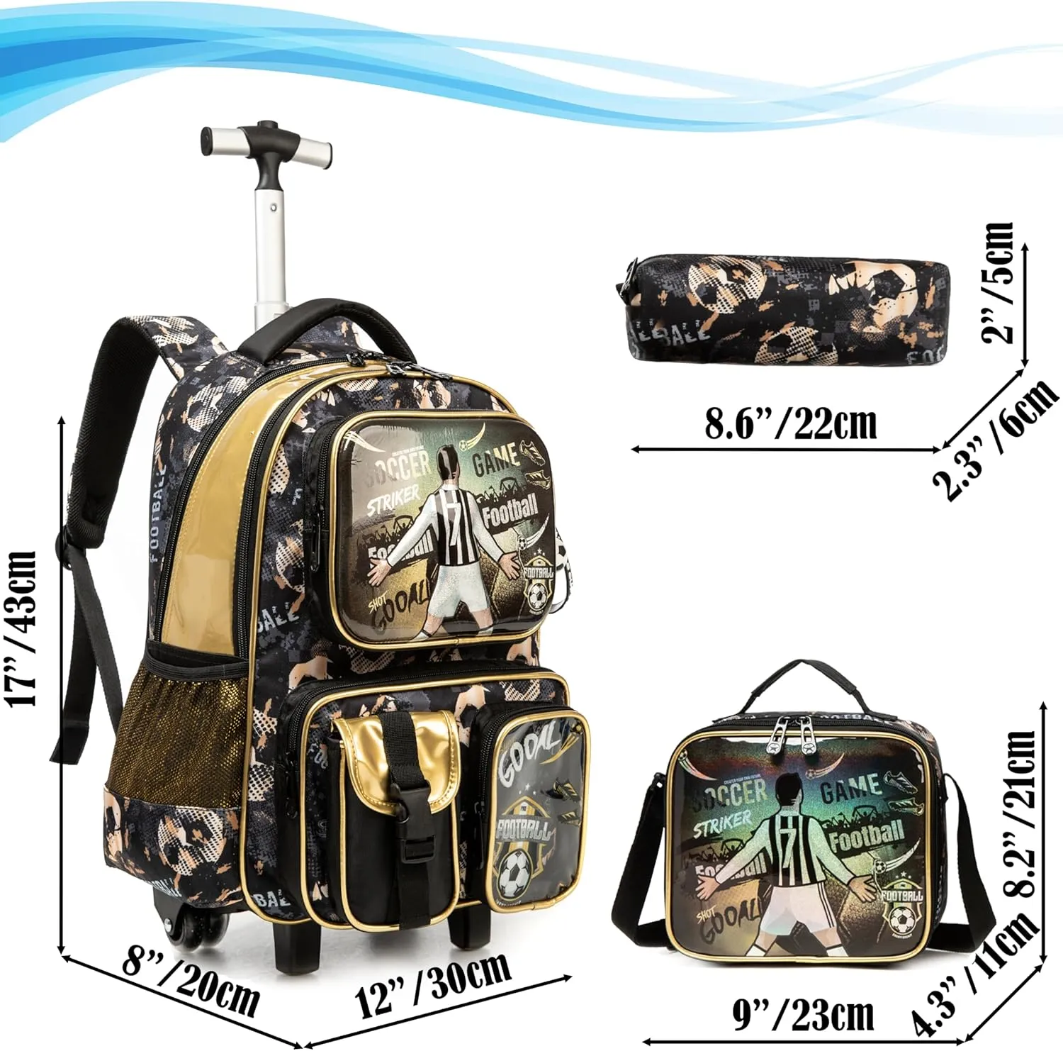 Egchescebo School Kids Rolling Backpack for Boys 17" Multiple Function Pockets