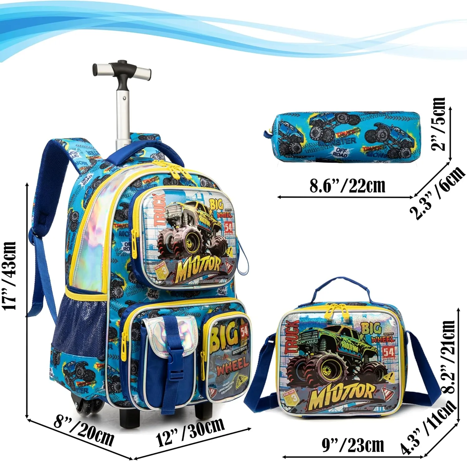 Egchescebo School Kids Rolling Backpack for Boys 17" Multiple Function Pockets