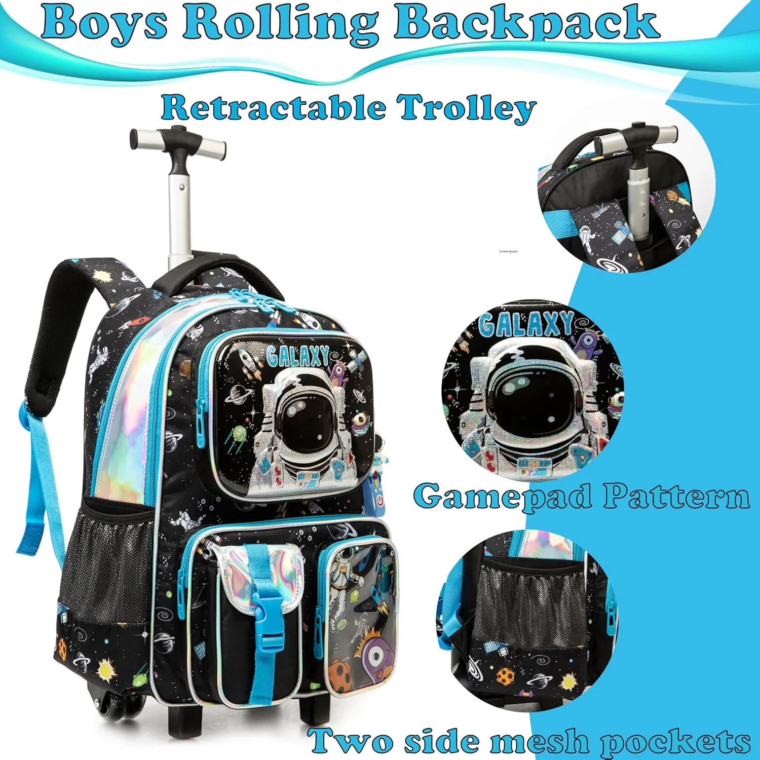 Egchescebo School Kids Rolling Backpack for Boys 17" Multiple Function Pockets