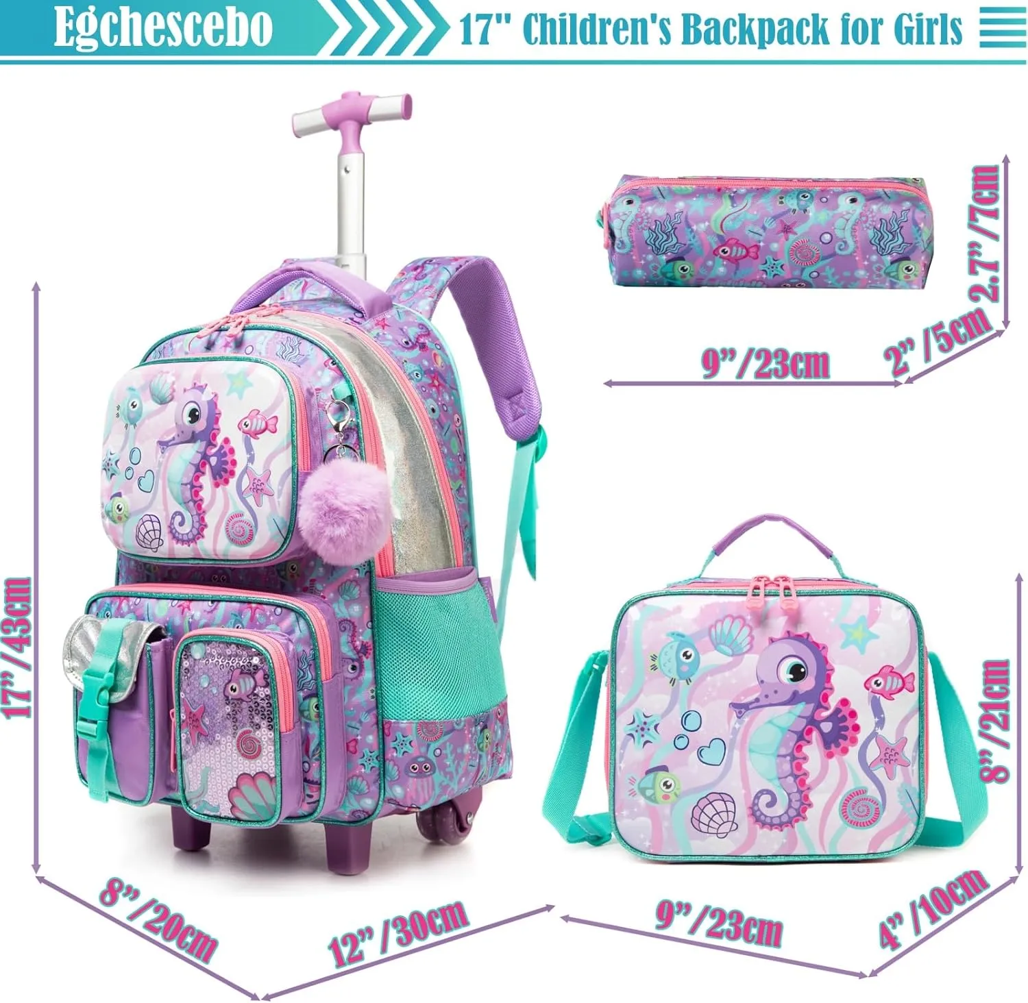 Egchescebo School Kids Rolling Backpack for Boys 17" Multiple Function Pockets