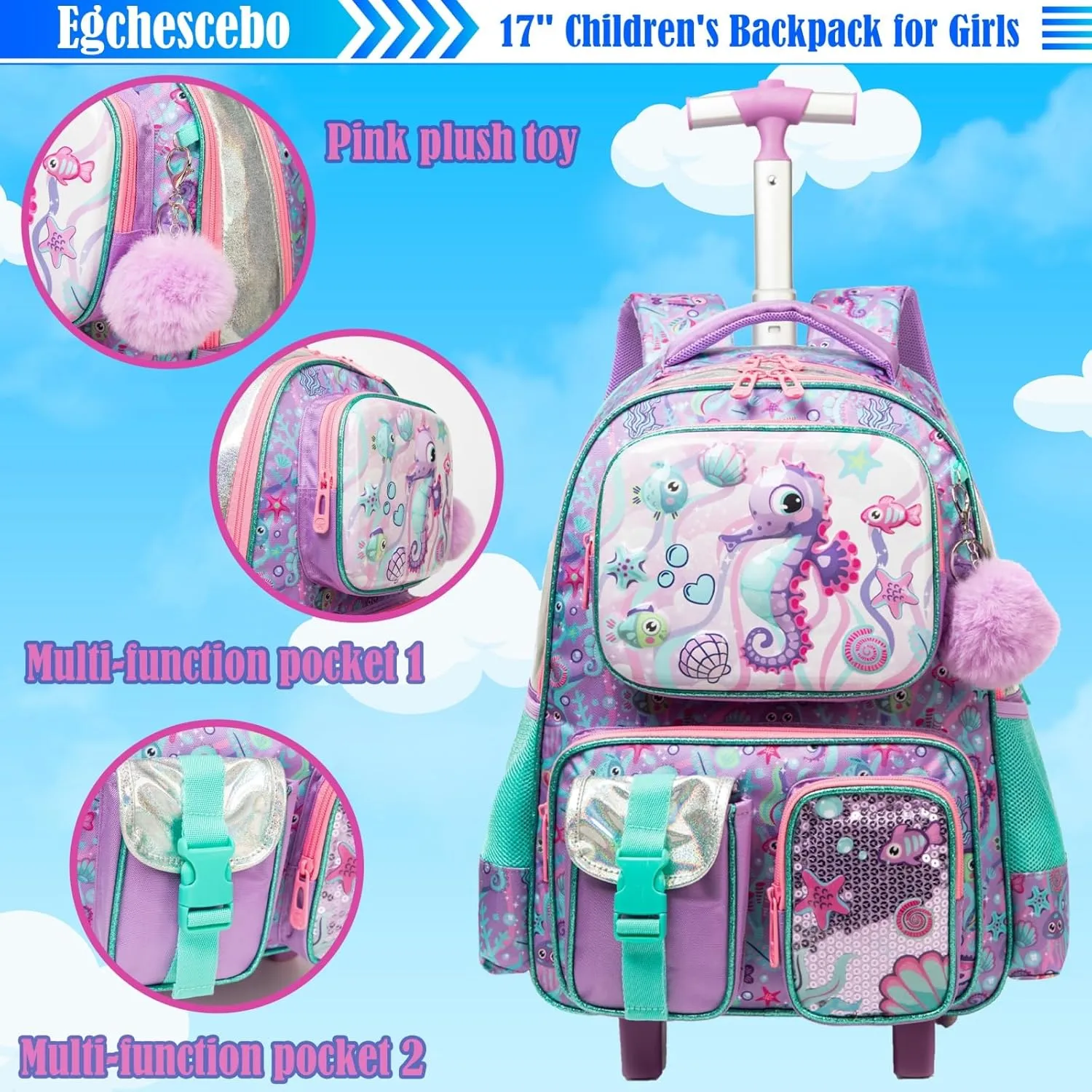 Egchescebo School Kids Rolling Backpack for Boys 17" Multiple Function Pockets