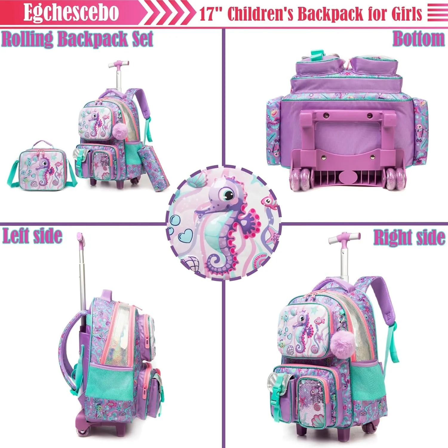 Egchescebo School Kids Rolling Backpack for Boys 17" Multiple Function Pockets