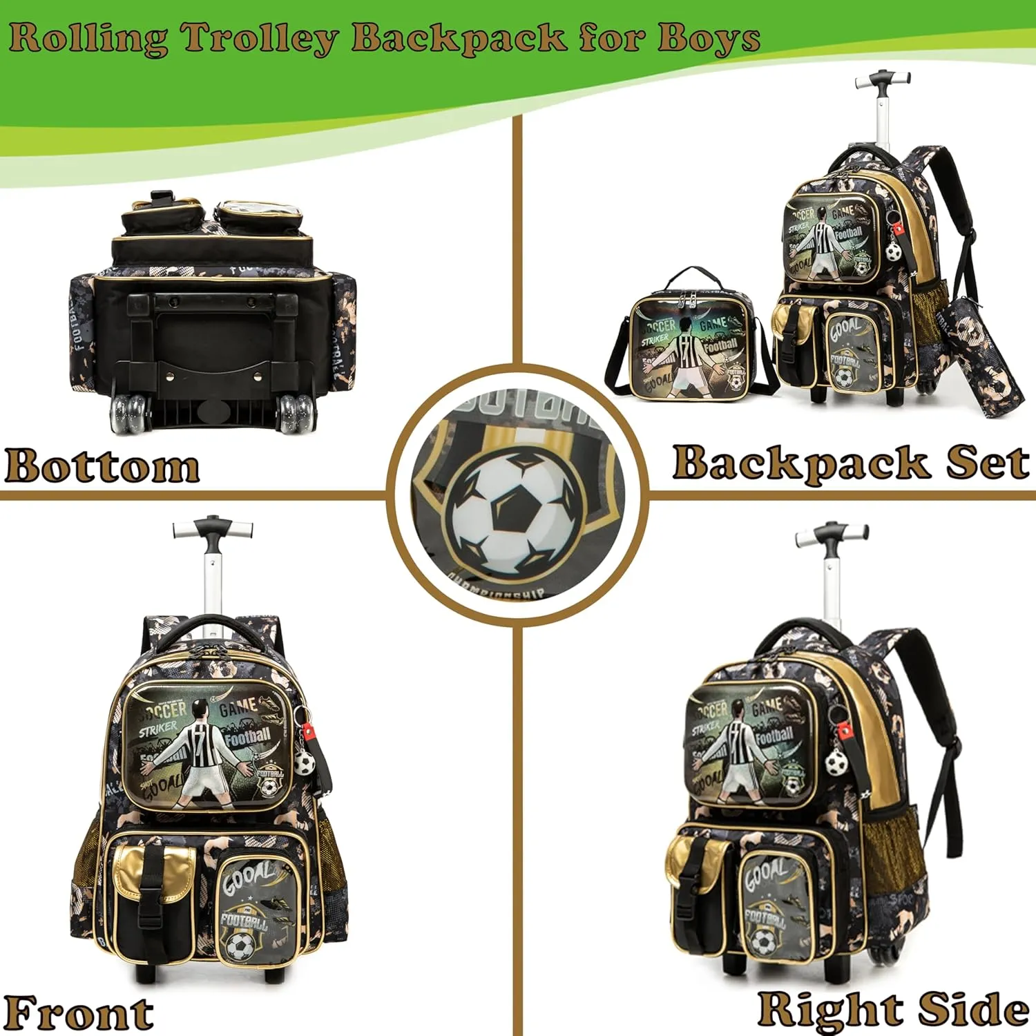 Egchescebo School Kids Rolling Backpack for Boys 17" Multiple Function Pockets