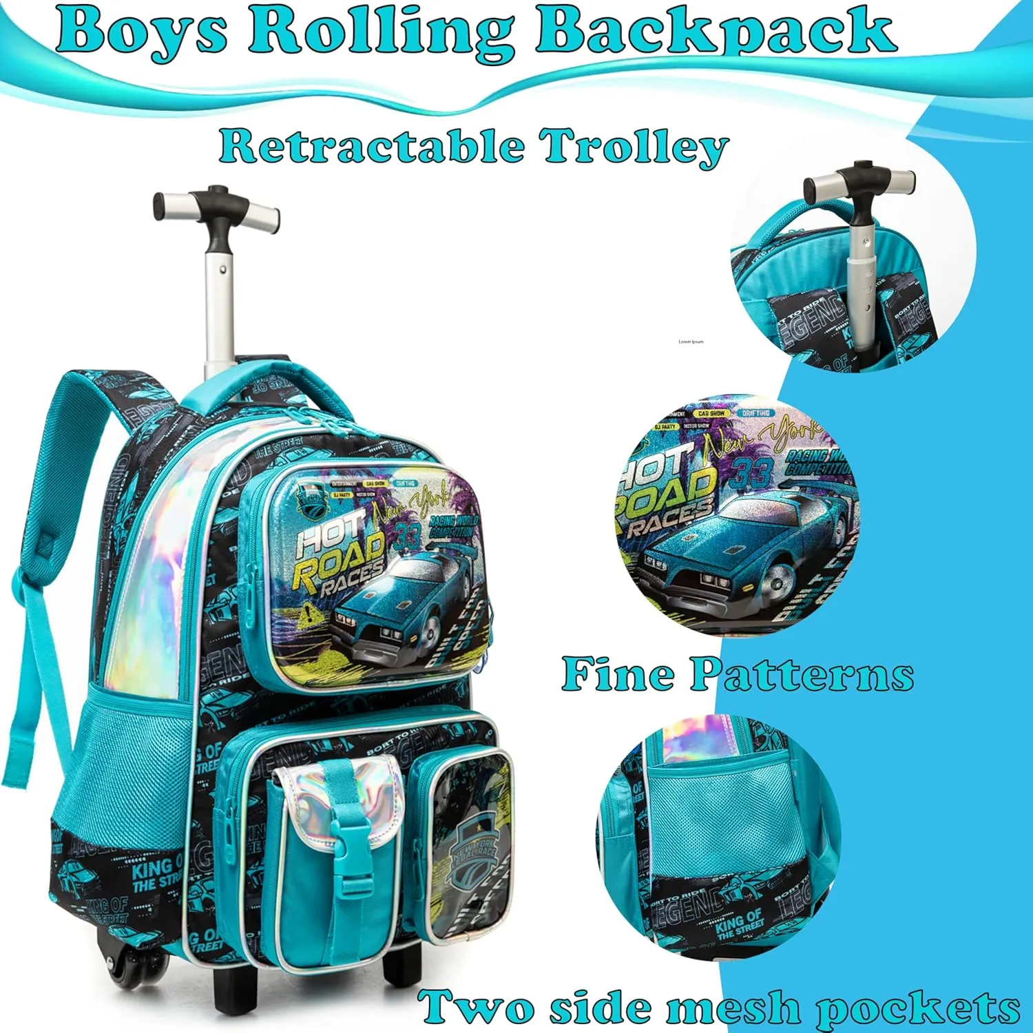 Egchescebo School Kids Rolling Backpack for Boys 17" Multiple Function Pockets